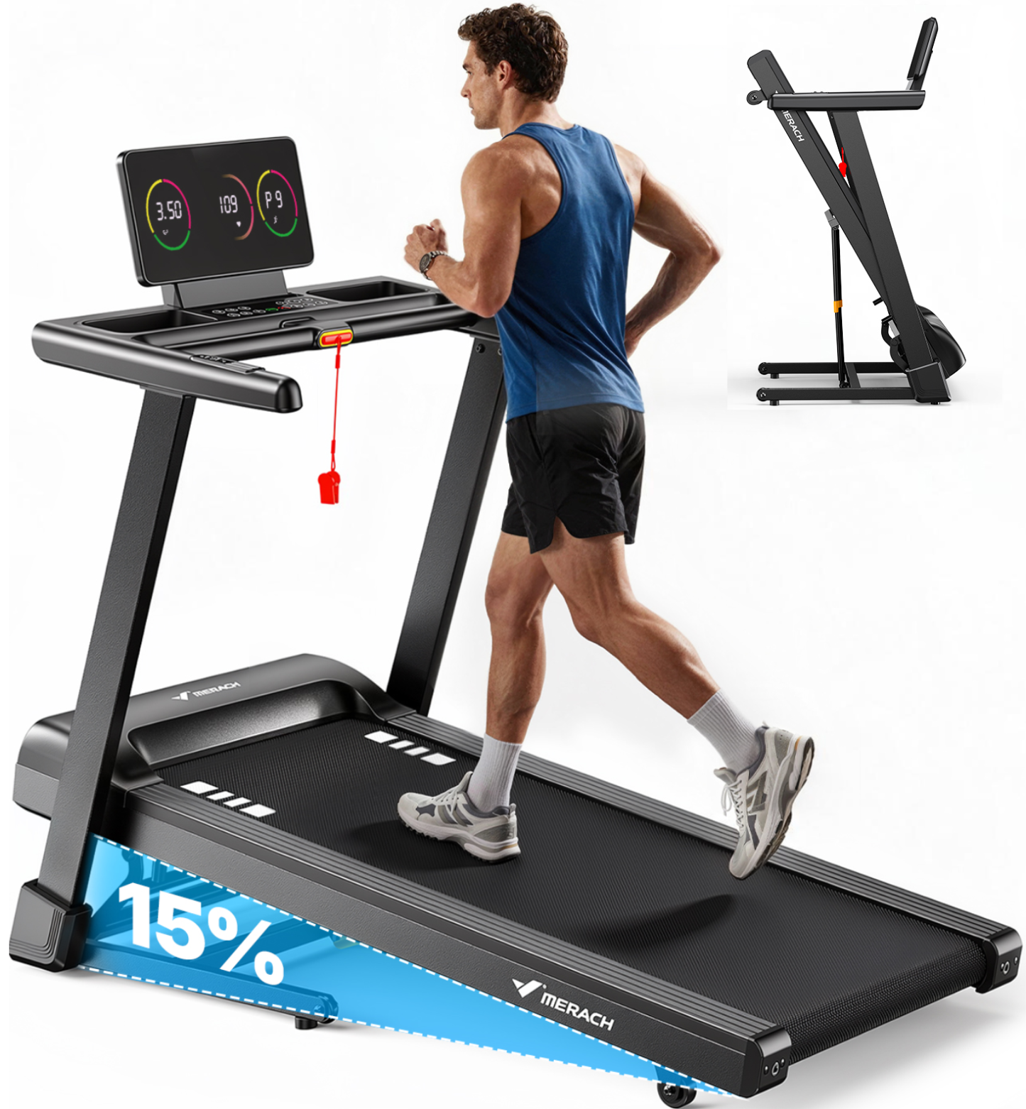 MERACH Treadmill with 15% Auto Incline, Foldable Treadmill for Home with 300lbs Capacity, 0.8-7.5MPH