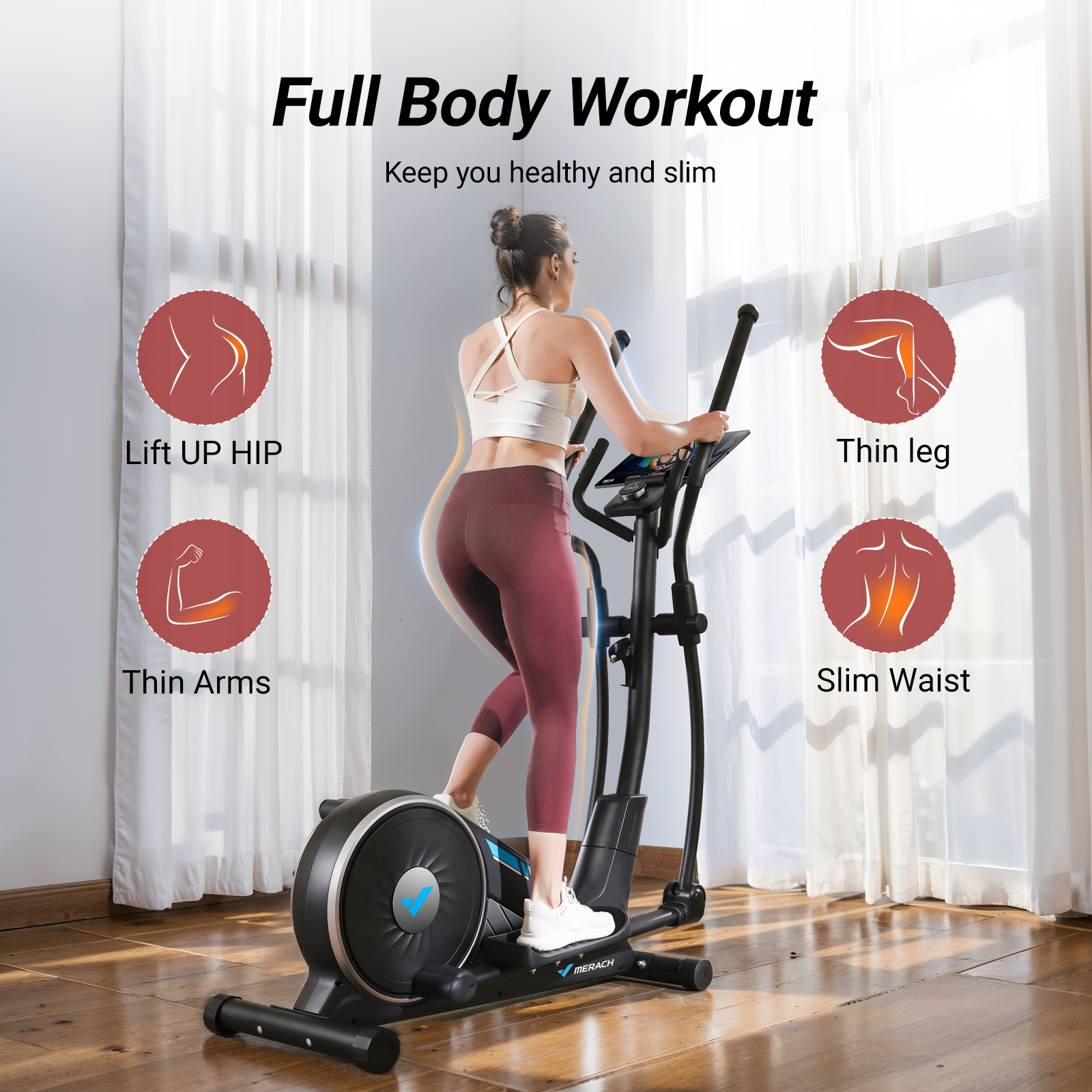 MERACH Home Elliptical Machine - Quiet Magnetic Drive, 16 Resistance Levels, 15.5" Stride, 350 lbs Capacity, Fitness App Compatible, Cardio Workout Equipment Elliptical Trainer