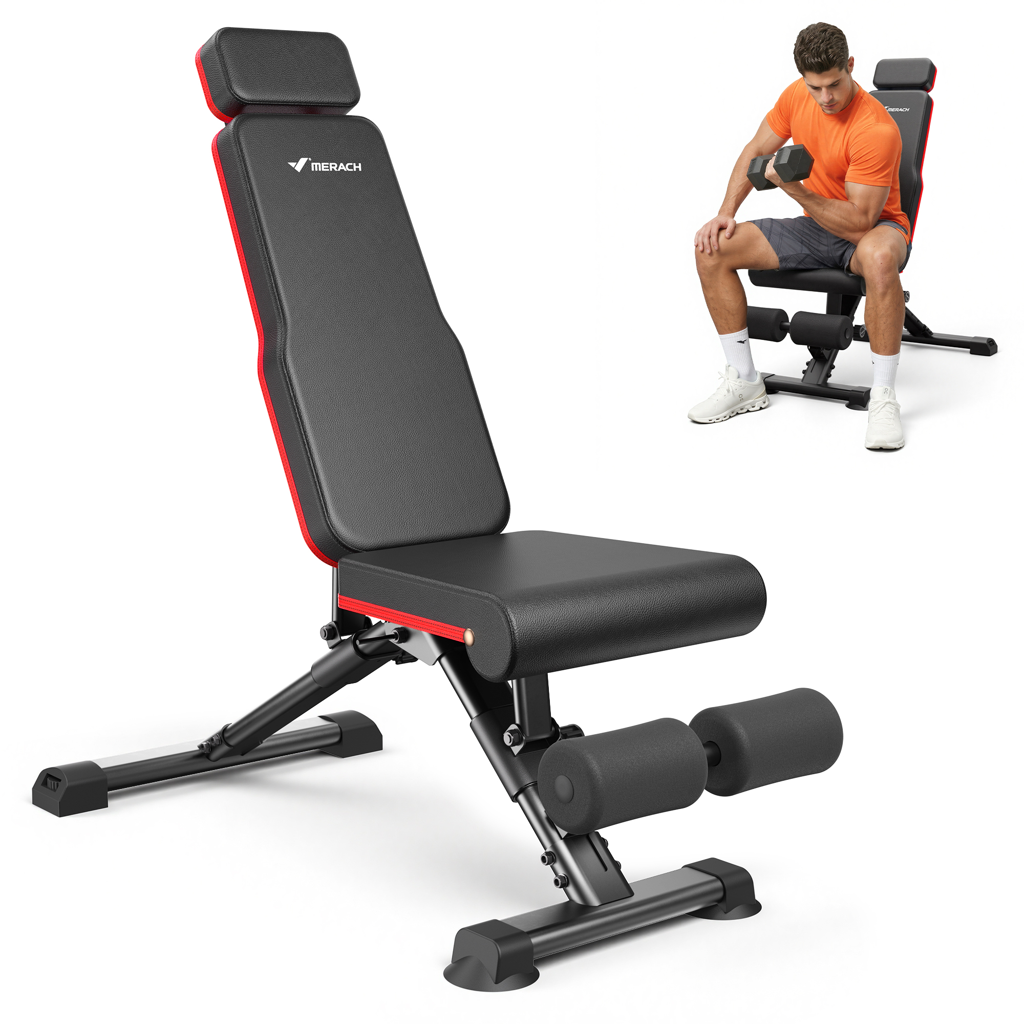MERACH Adjustable Weight Bench with Extended Headrest, Hold up to 990 lbs, Foldable Exercise Bench for Home Gym Fitness Strength Training, Black&Red