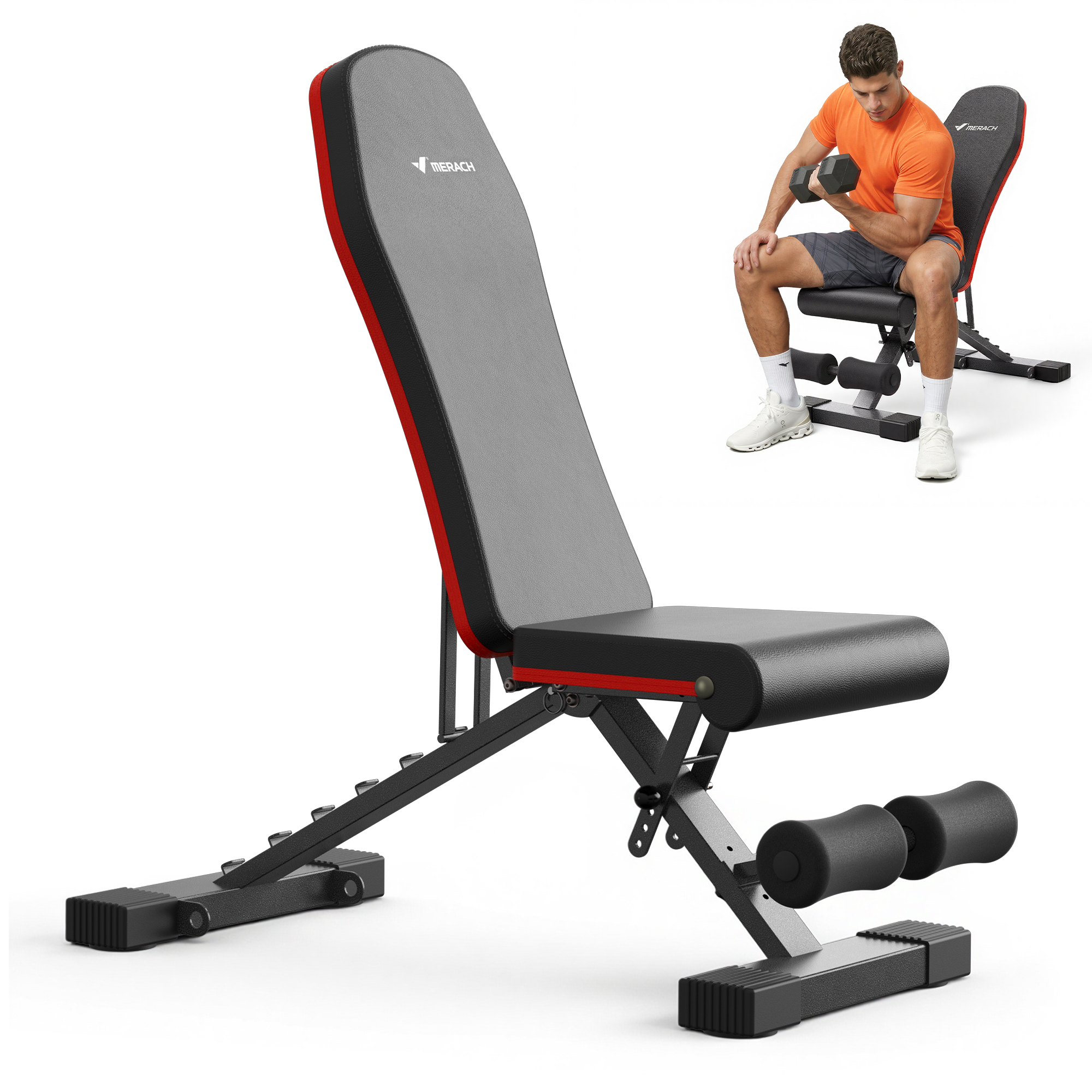 MERACH Adjustable Weight Bench with Extended Headrest, Hold up to 990 lbs, Foldable Exercise Bench for Home Gym Fitness Strength Training, Black&Red