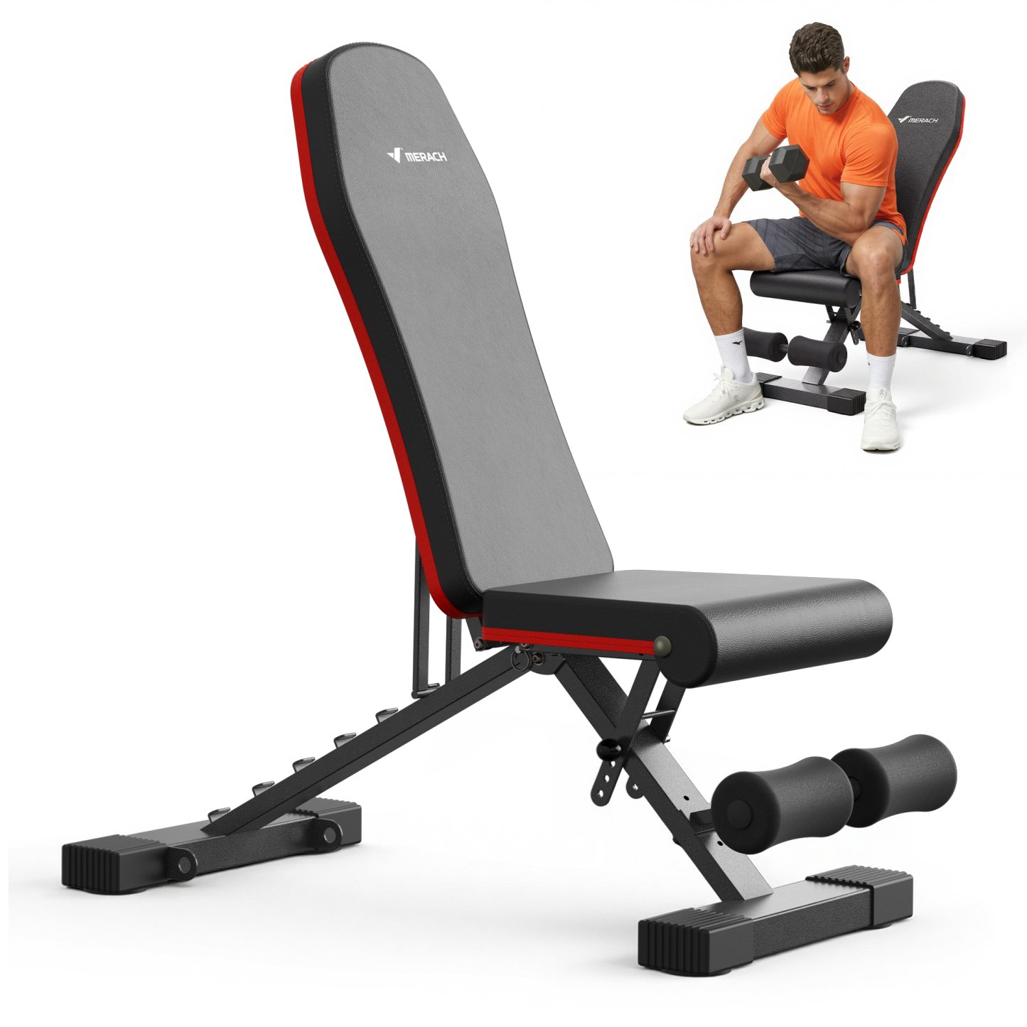 MERACH Adjustable Weight Bench with Extended Headrest, Hold up to 990 lbs, Foldable Exercise Bench for Home Gym Fitness Strength Training, Black&Red