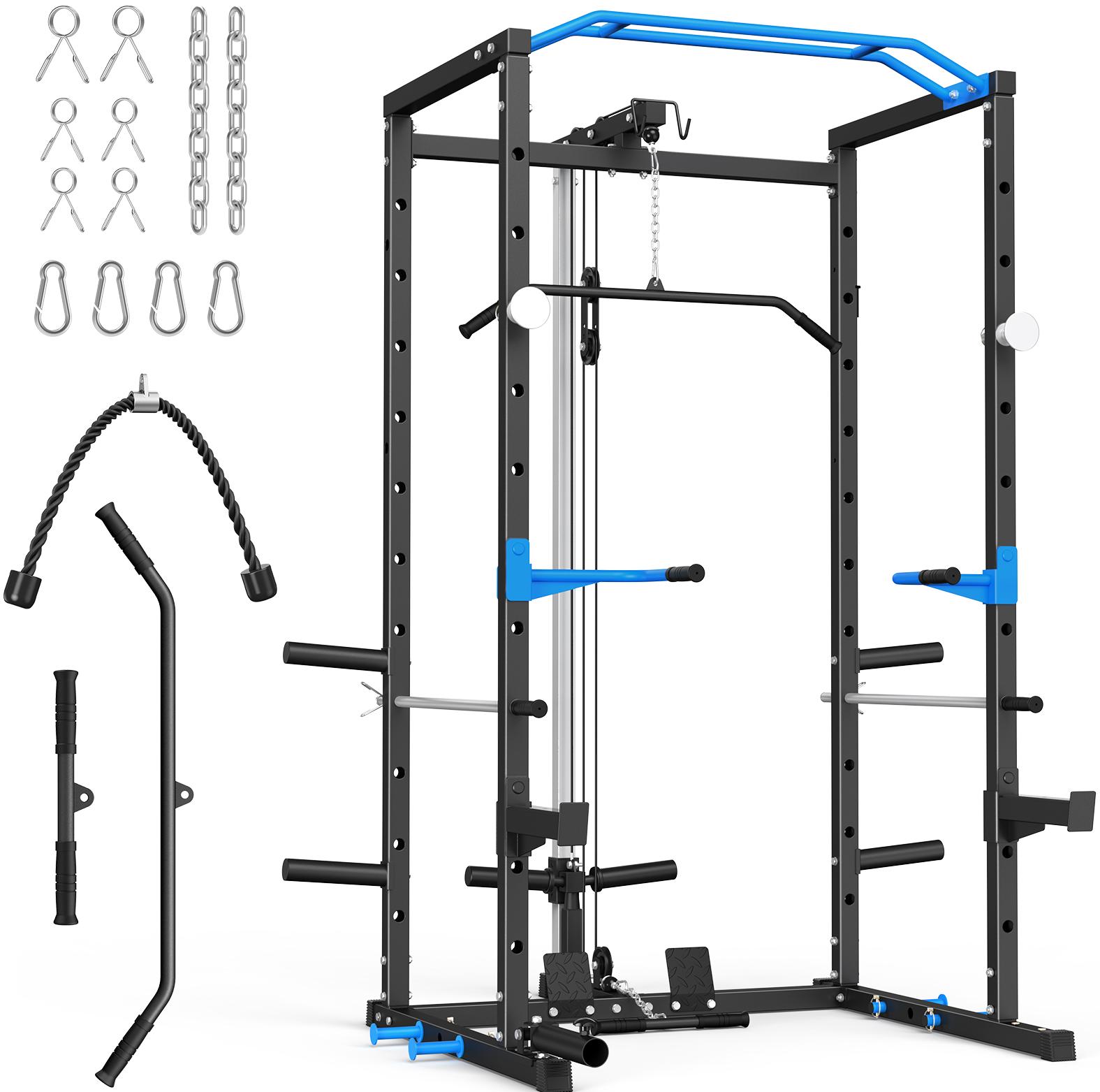 Power Rack Cage with LAT Pull Down, 1600lbs Capacity Multi-Functional Squat Rack with 11 Adjustable Heights, Pulley System, Dip Bar, Landmine & More Power Rack Attachments for Home Gym