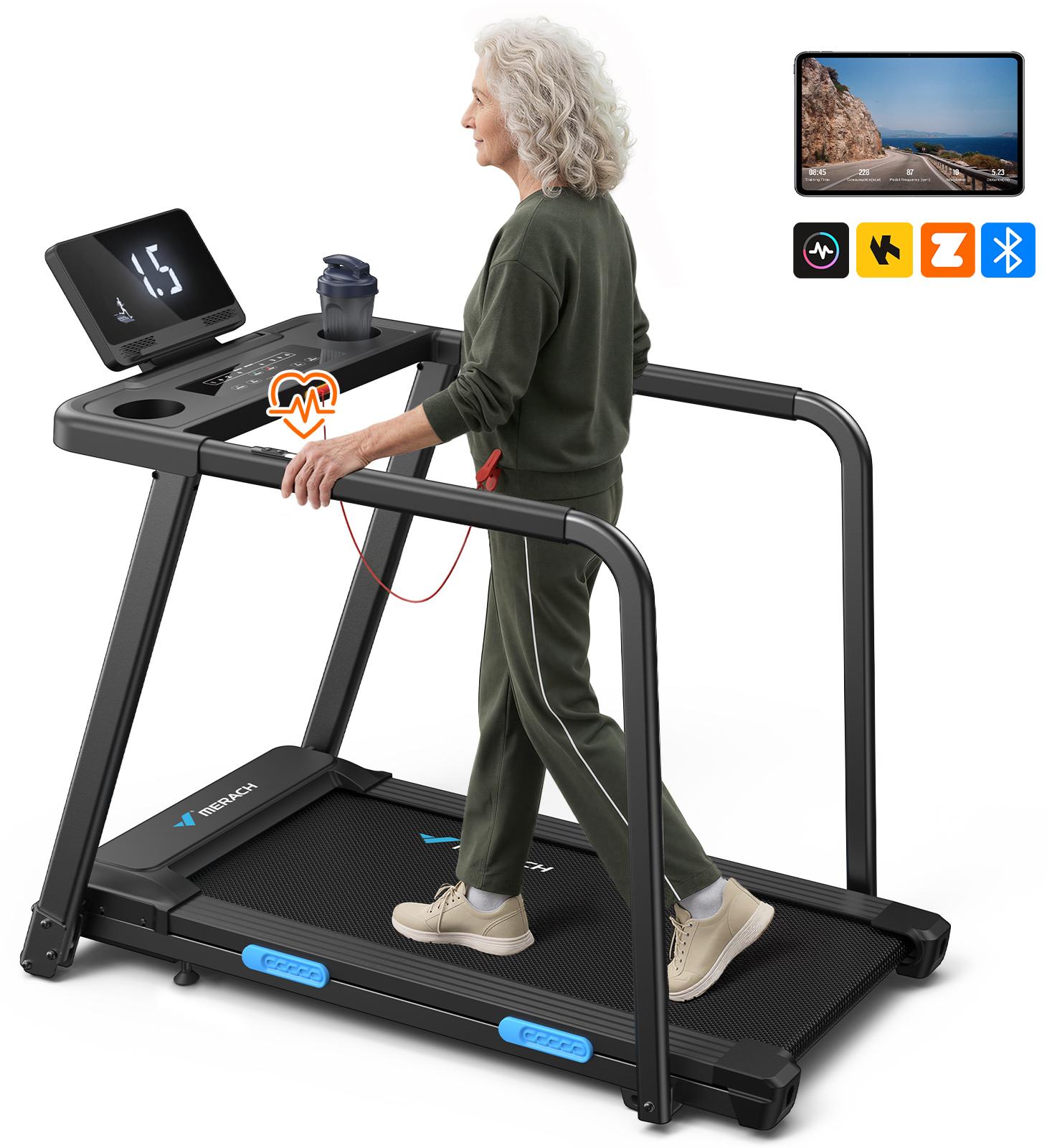 MERACH Treadmill for Seniors with Handrails, 2 in 1 Walking Treadmill for Fitness Recovery, 300 lbs Capacity