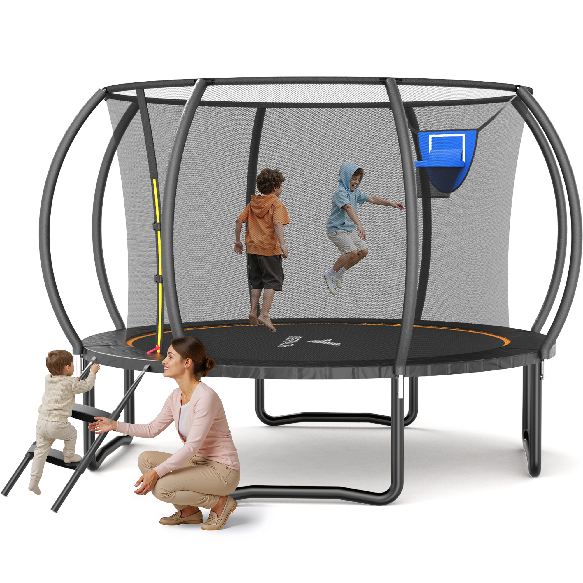 MERACH 10FT Outdoor Trampoline for Kids with Enclosure Net, Compact Backyard Trampoline with Ladder for Safe Fitness and Fun