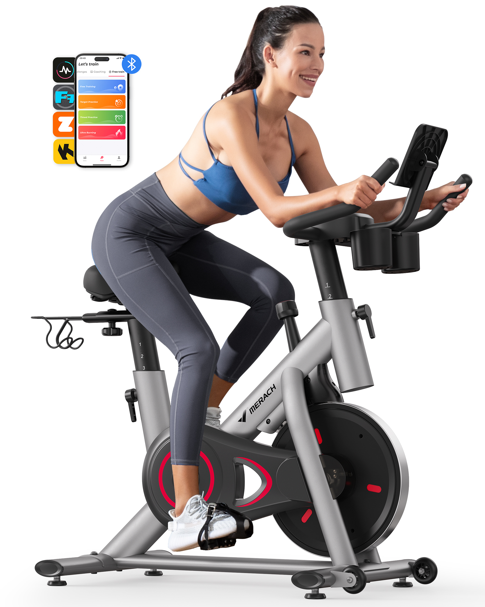 MERACH Exercise Bike, Brake Pad Stationary Bike with Exclusive App, Low Noise Indoor Cycling Bike with 300lbs Weight Capacity, Tablet Mount and Fitness Courses for Weight Loss