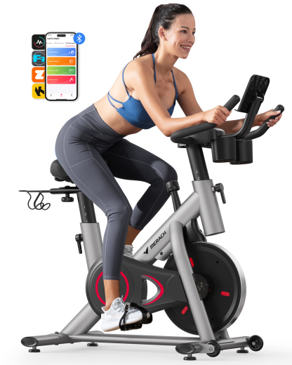 MERACH Exercise Bike, Brake Pad Stationary Bike with Exclusive App, Low Noise Indoor Cycling Bike with 300lbs Weight Capacity, Tablet Mount and Fitness Courses for Weight Loss
