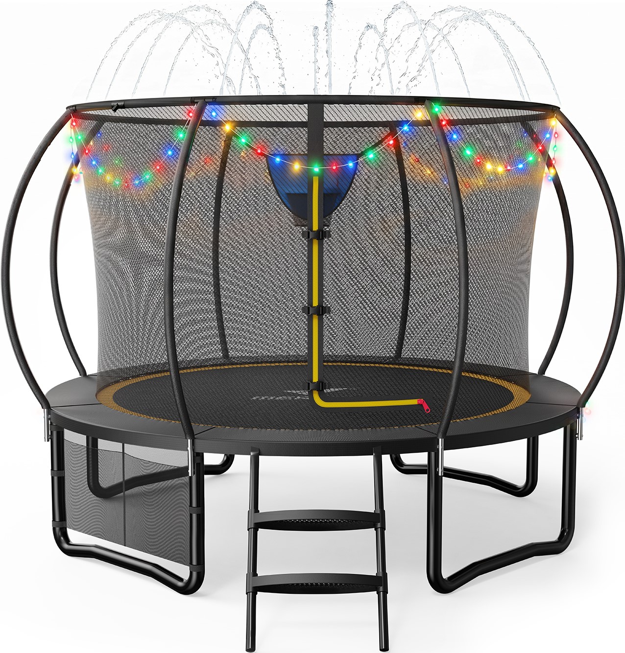 MERACH 10FT Trampoline with Enclosure, Basketball Hoop, Sprinkler & LED Lights, Backyard Recreational Pumpkin Trampoline for Kids & Adults