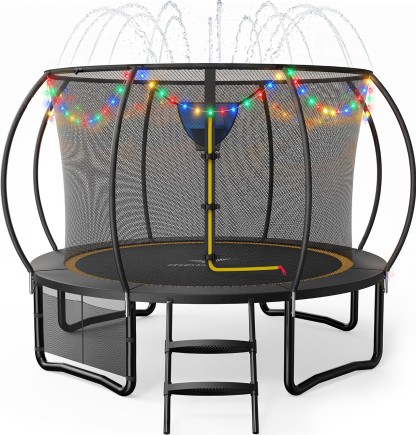 MERACH 10FT Trampoline with Enclosure, Basketball Hoop, Sprinkler & LED Lights, Backyard Recreational Pumpkin Trampoline for Kids & Adults