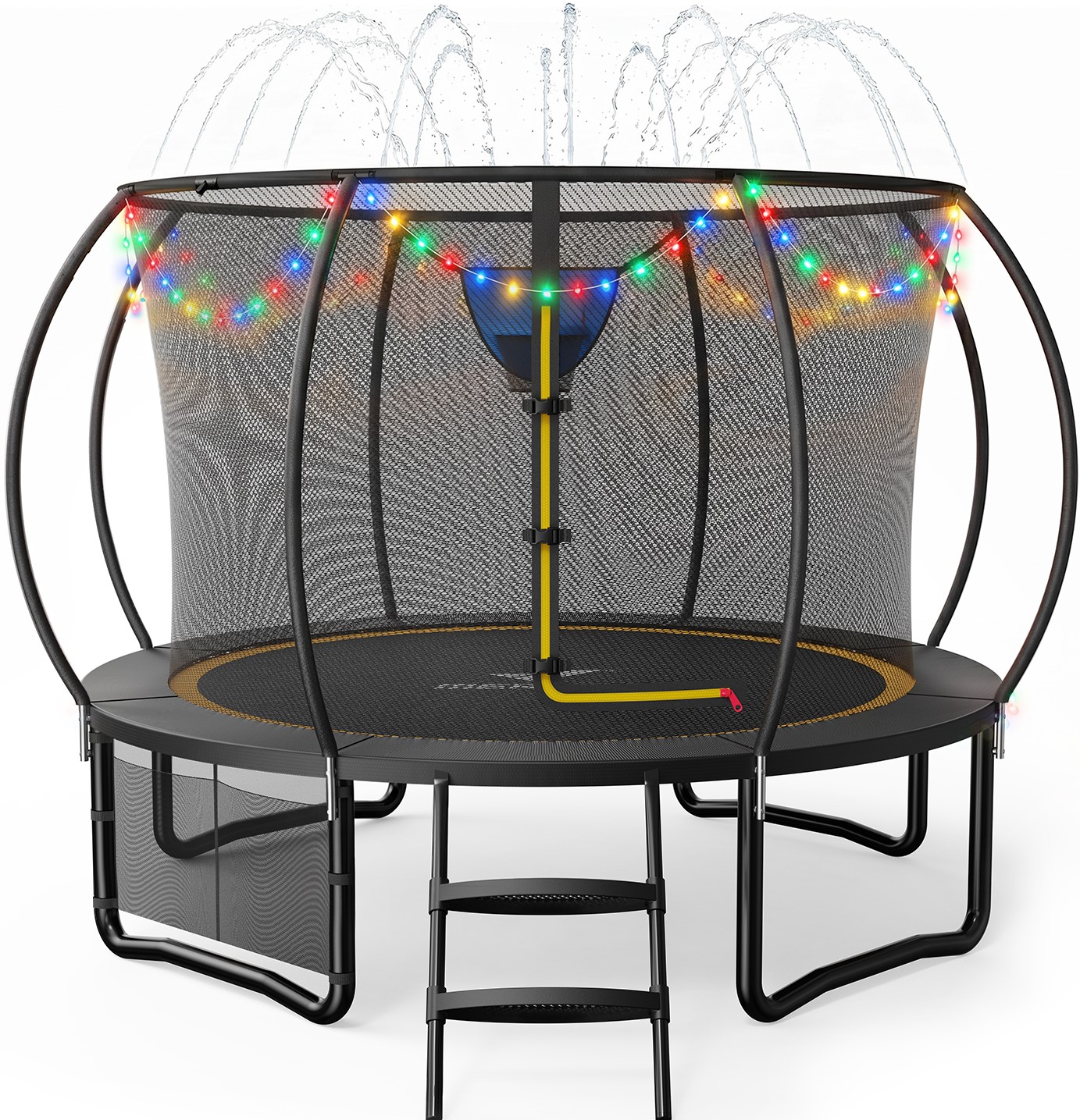 MERACH 12FT Trampoline with Enclosure, Sprinkler & LED Lights, Backyard Recreational Pumpkin Trampoline for Kids & Adults