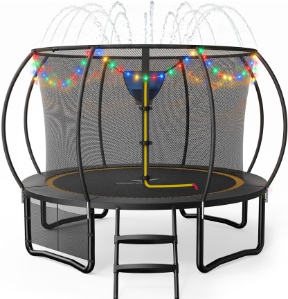 MERACH 12FT Trampoline with Enclosure, Sprinkler & LED Lights, Backyard Recreational Pumpkin Trampoline for Kids & Adults