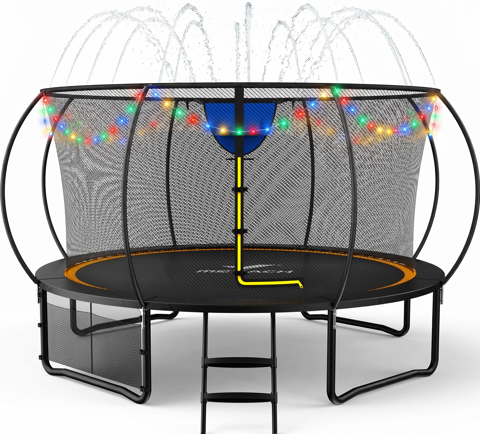MERACH 14FT Trampoline with Enclosure, Basketball Hoop, Sprinkler & LED Lights, Backyard Recreational Pumpkin Trampoline for Kids & Adults