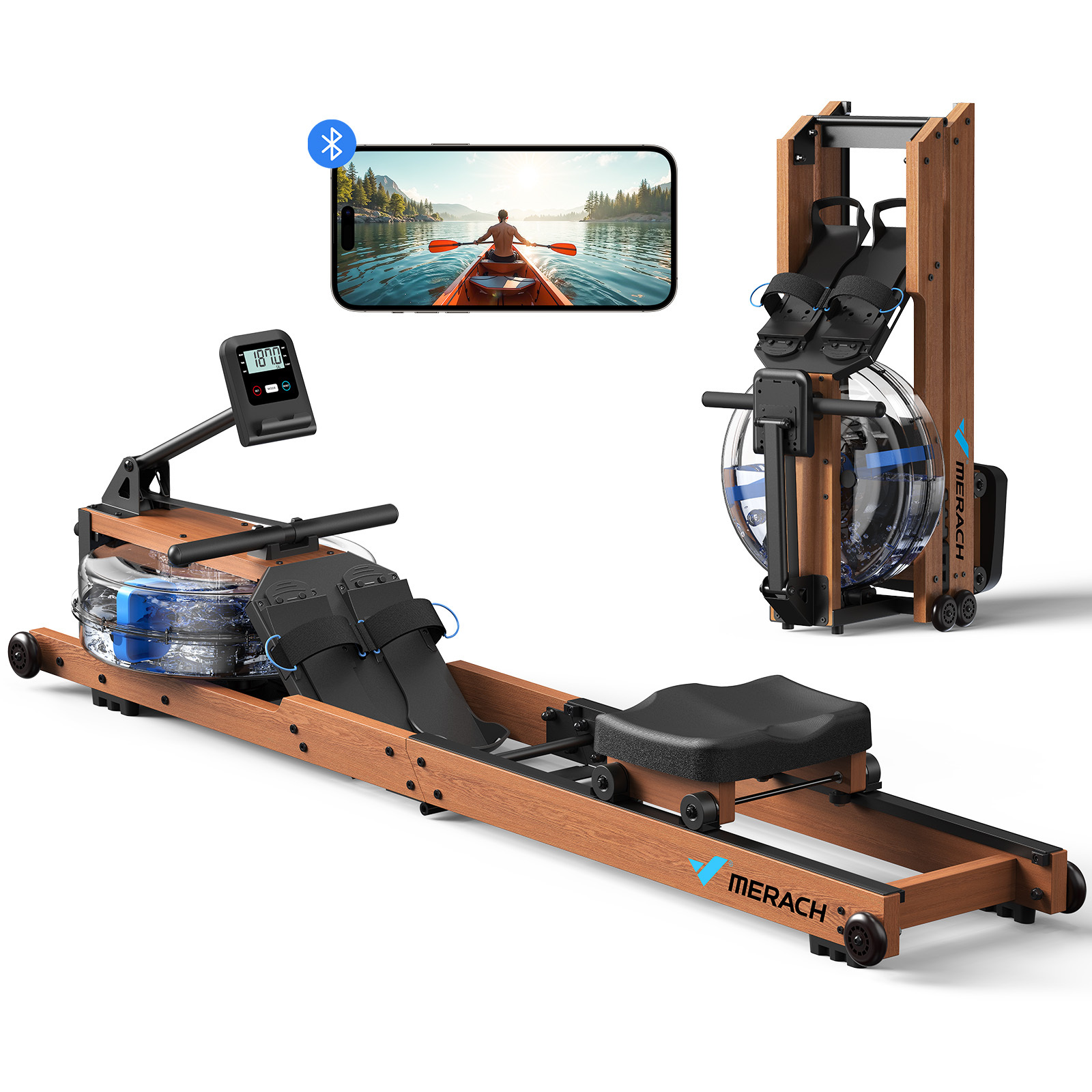 MERACH Water Rowing Machines for Home, Foldable Row Machine with 400LBS Weight Capacity, Dedicated Monitor and Comfortable Seat, Free MERACH App for Immersive Water Rower