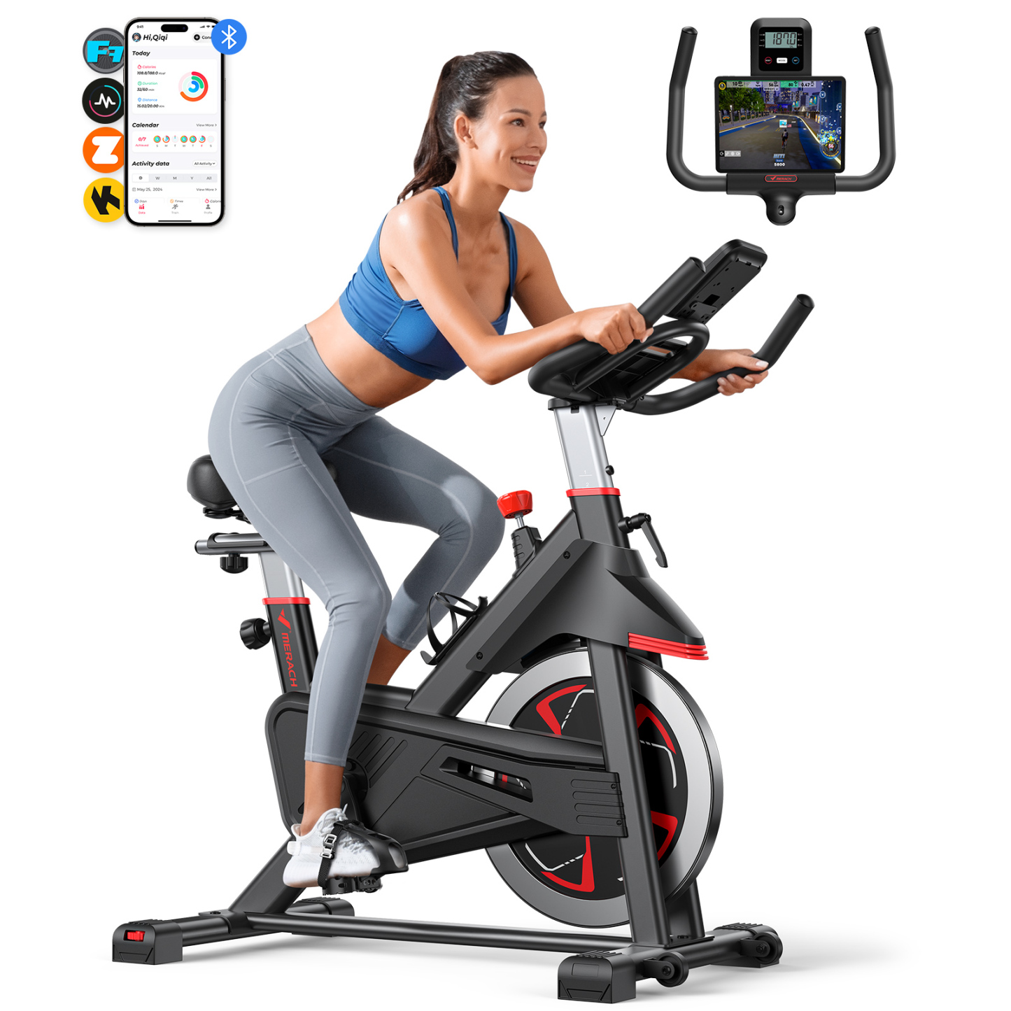 MERACH Indoor Cycling Bike Stationary Exercise Bike 100 Resistance with LED Monitor Free APP Silent Belt Drive and Comfortable Seat Cushion for Cardio Workout