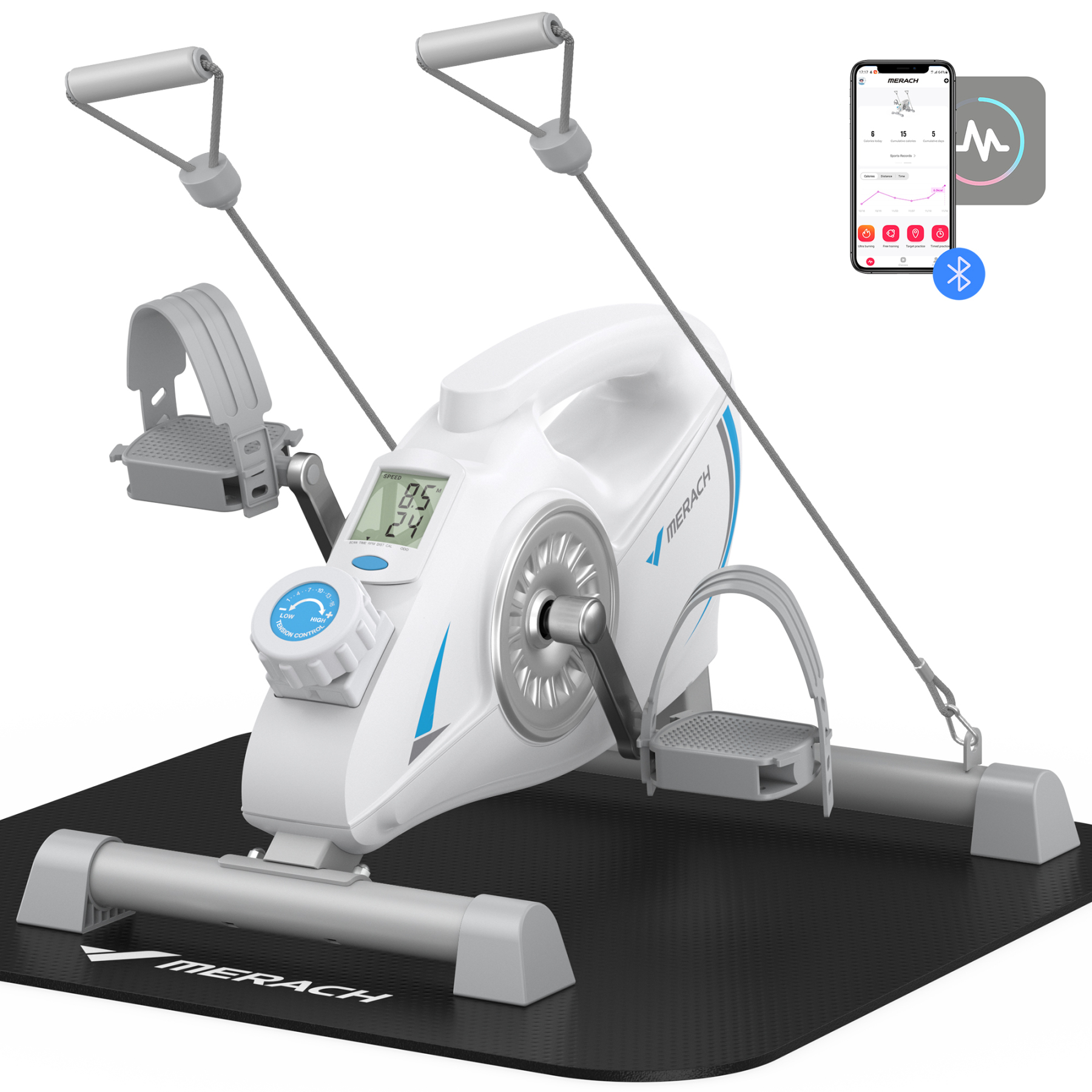 MERACH Under Desk Bike Pedal Exerciser Indoor Silent Elliptical Machine for Legs and Arms Mini Foot Pedal Exercise Bike with Free App,Non-Slip Mat,2 Resistance Bands