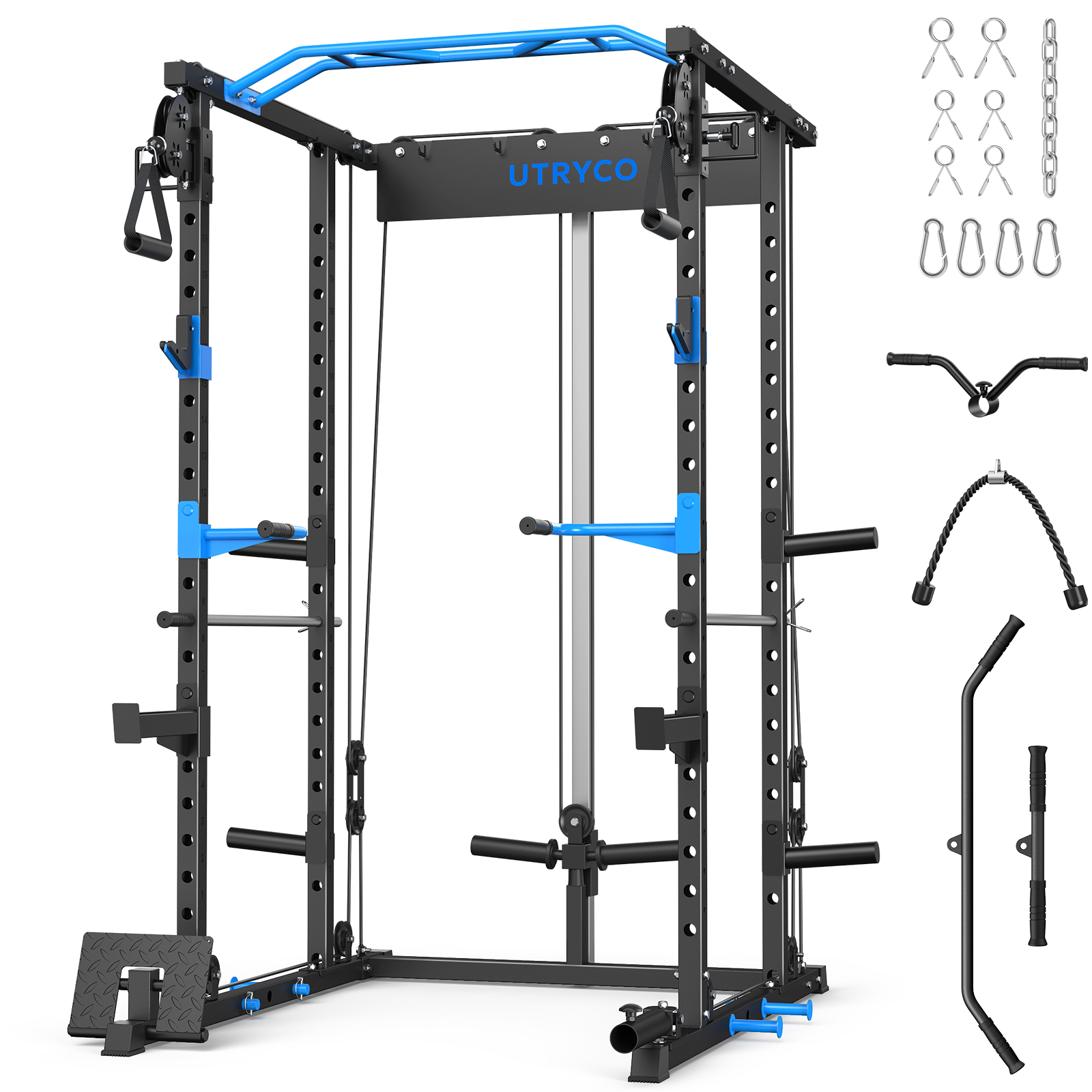 Power Rack Cage with LAT Pull Down, 1600lbs Capacity Multi-Functional Squat Rack with 21 Adjustable Heights, Pulley System, Dip Bar, Landmine & More Power Rack Attachments for Home Gym