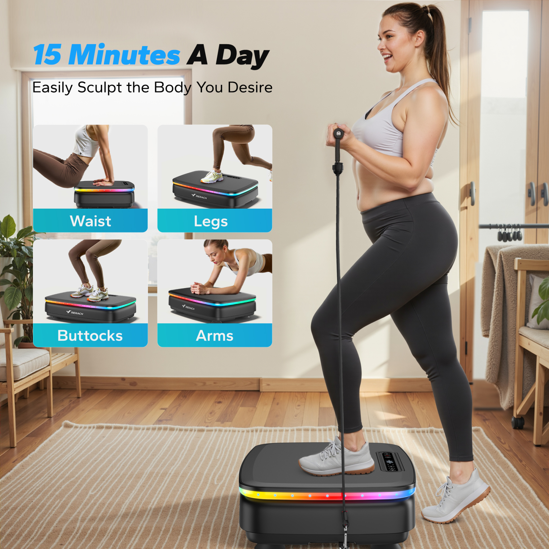 MERACH Vibration Plate Exercise Machine with Light, Bluetooth, Whole Body Workout Power Vibrate Fitness Platform Vibration Plate for Lymphatic Drainage,Motor Speed Control