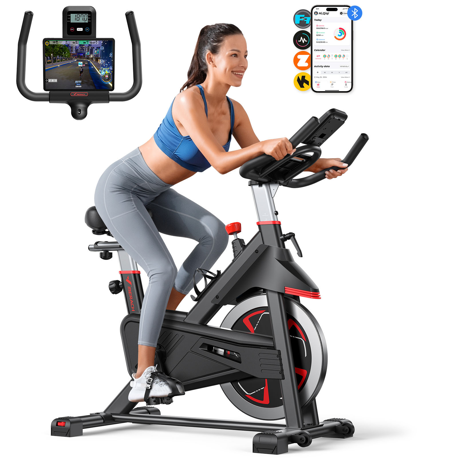 Merach Exercise Bike for Home, Spin Bike Brake Pad, Stationary Bike with Exclusive App, Indoor Workout with Comfortable Seat and Tablet Mount for Home Gym, Weight Loss, 300 lb Capacity