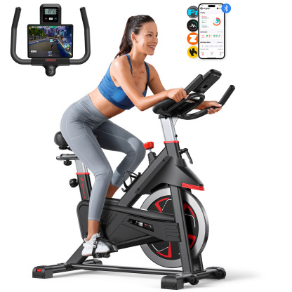 Merach Exercise Bike for Home, Spin Bike Brake Pad, Stationary Bike with Exclusive App, Indoor Workout with Comfortable Seat and Tablet Mount for Home Gym, Weight Loss, 300 lb Capacity