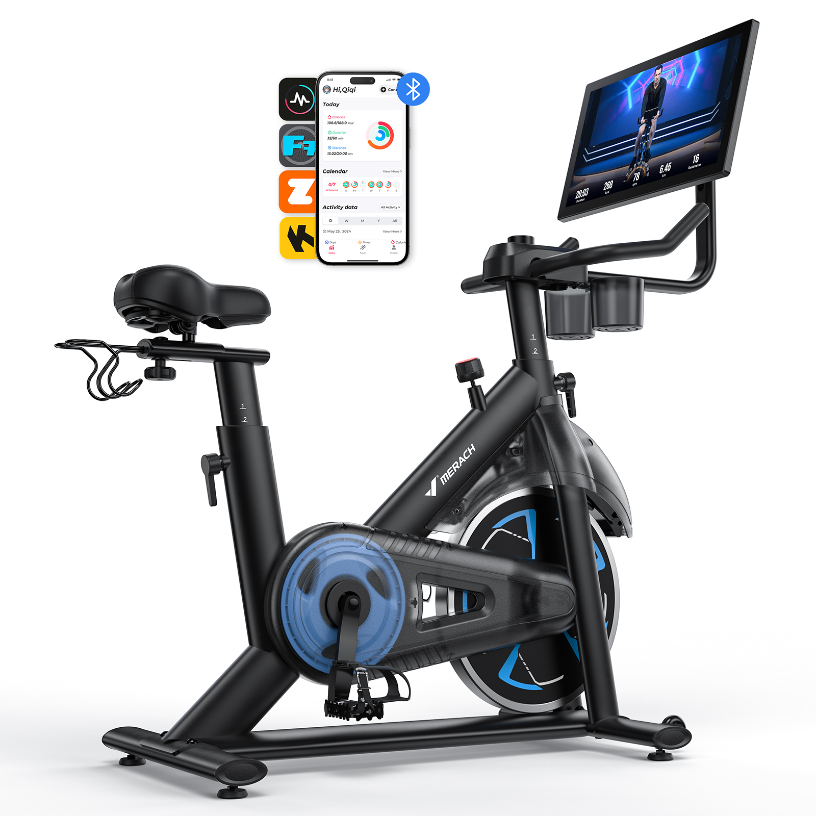 S36L4 Merach Exercise Bike with 21.5" HD Screen, Auto-Resistance Stationary Bike for Home Gym Fitness, Smart Indoor Workout Bike 330 Lbs Weight Capacity & Self-Developed App