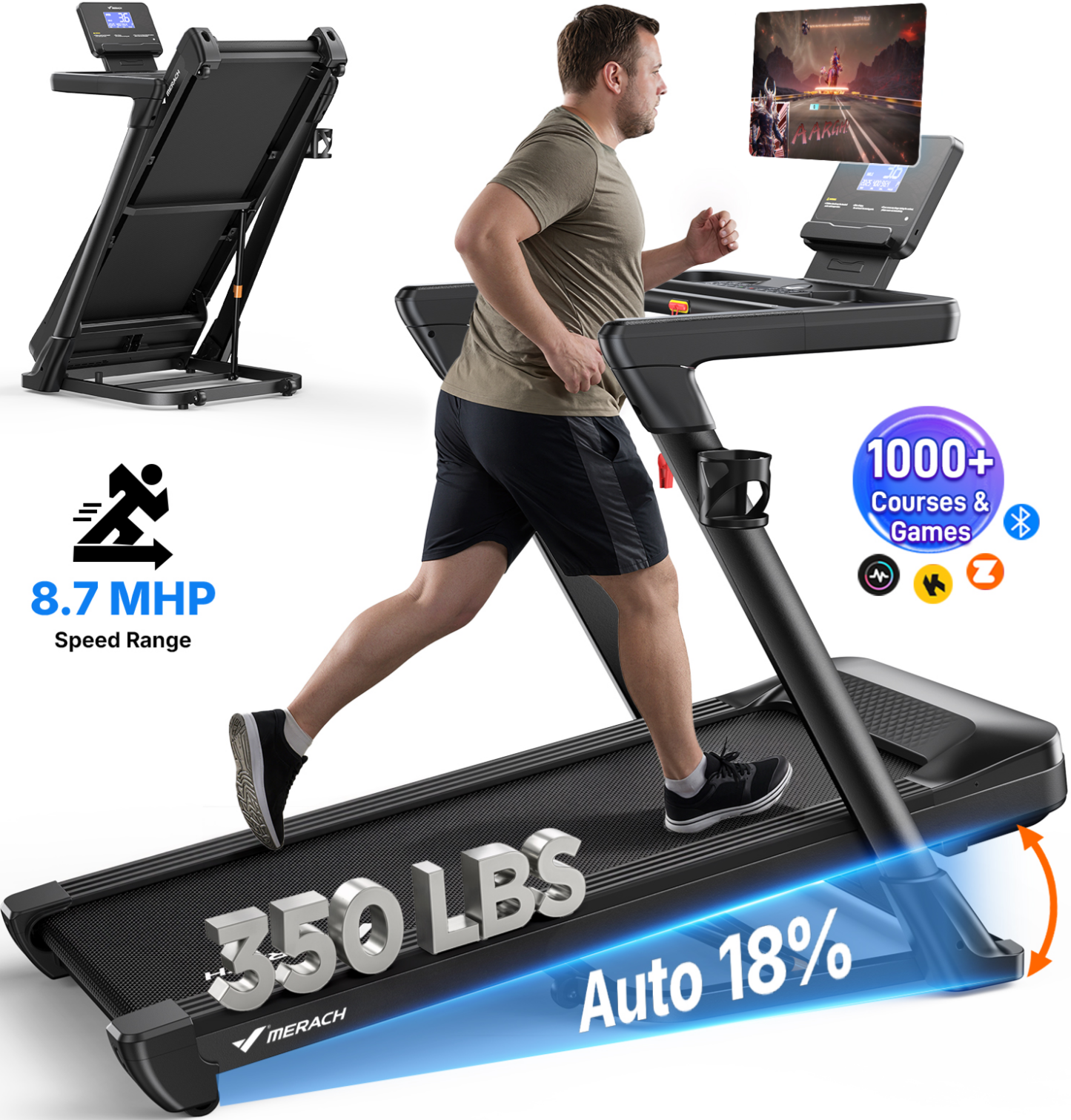 MERACH Folding Treadmill with 18% Auto Incline, 3.5HP Treadmill with Wide Belt, 350lbs Capacity, App Control