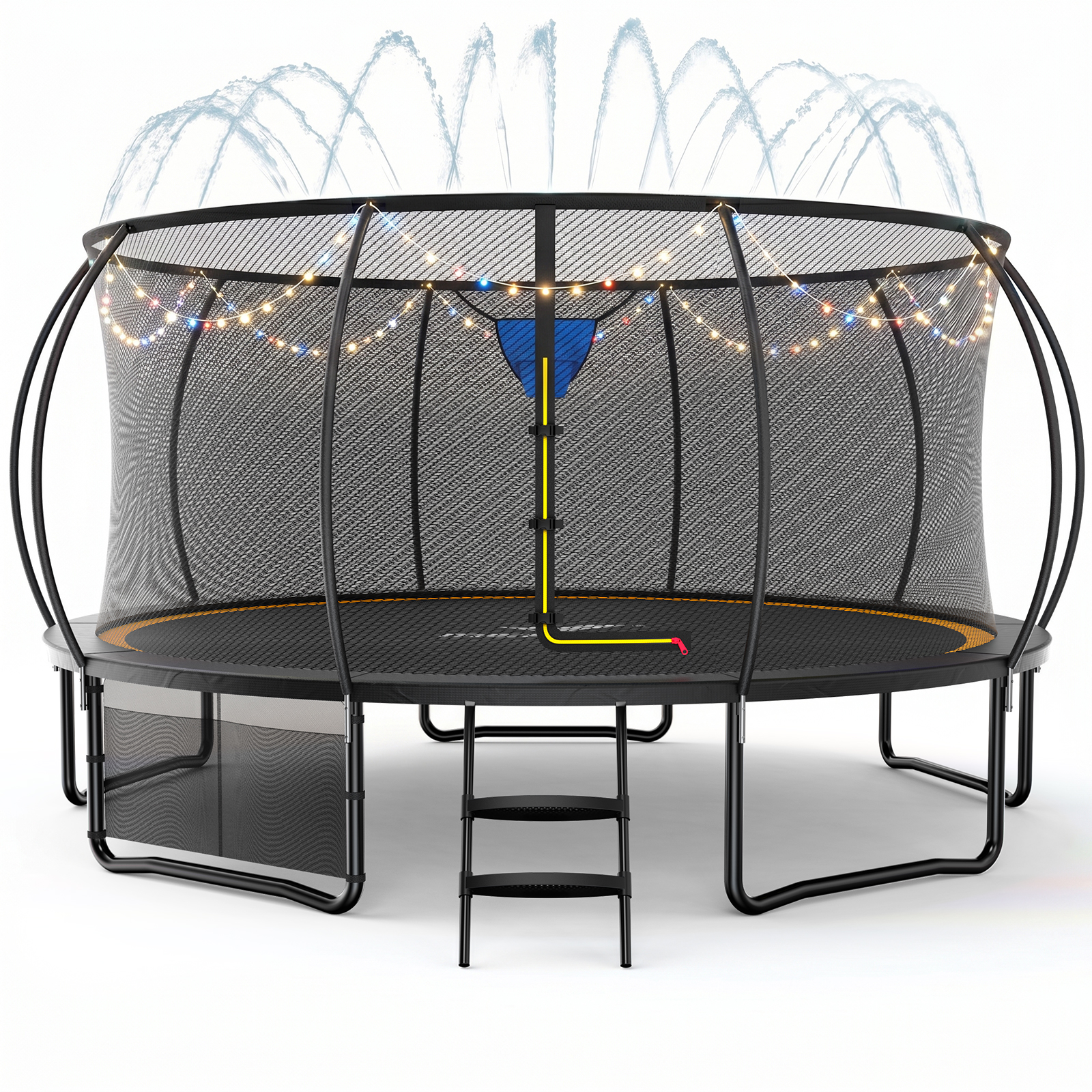 MERACH 16FT Trampoline with Enclosure, Basketball Hoop, Sprinkler & LED Lights, Backyard Recreational Pumpkin Trampoline for Kids & Adults