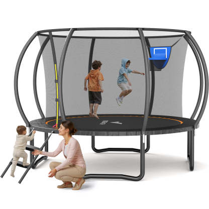 MERACH 10FT Outdoor Trampoline for Kids with Enclosure Net, Compact Backyard Trampoline with Ladder for Safe Fitness and Fun