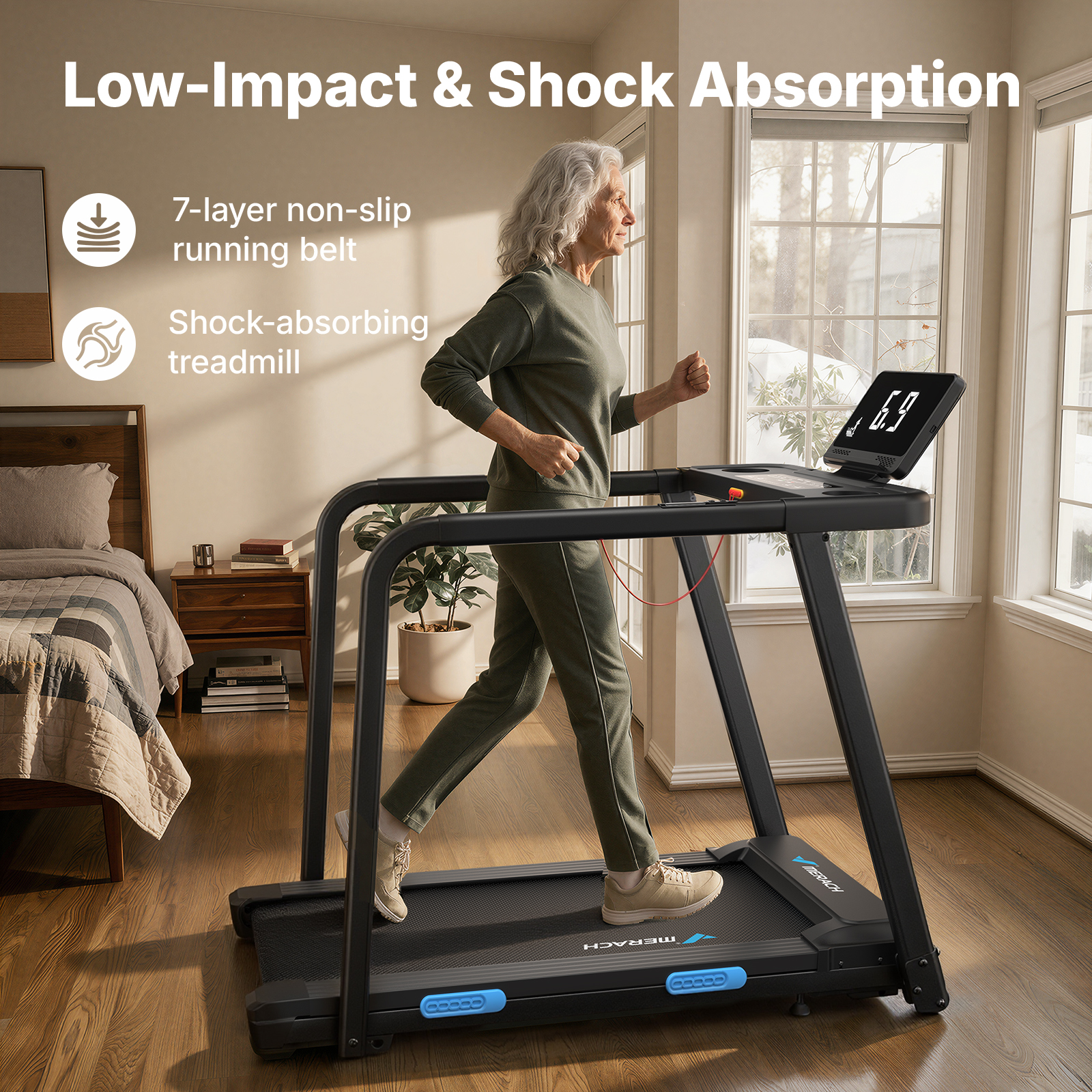 MERACH Treadmill for Seniors with Handrails, 2 in 1 Walking Treadmill for Fitness Recovery, 300 lbs Capacity