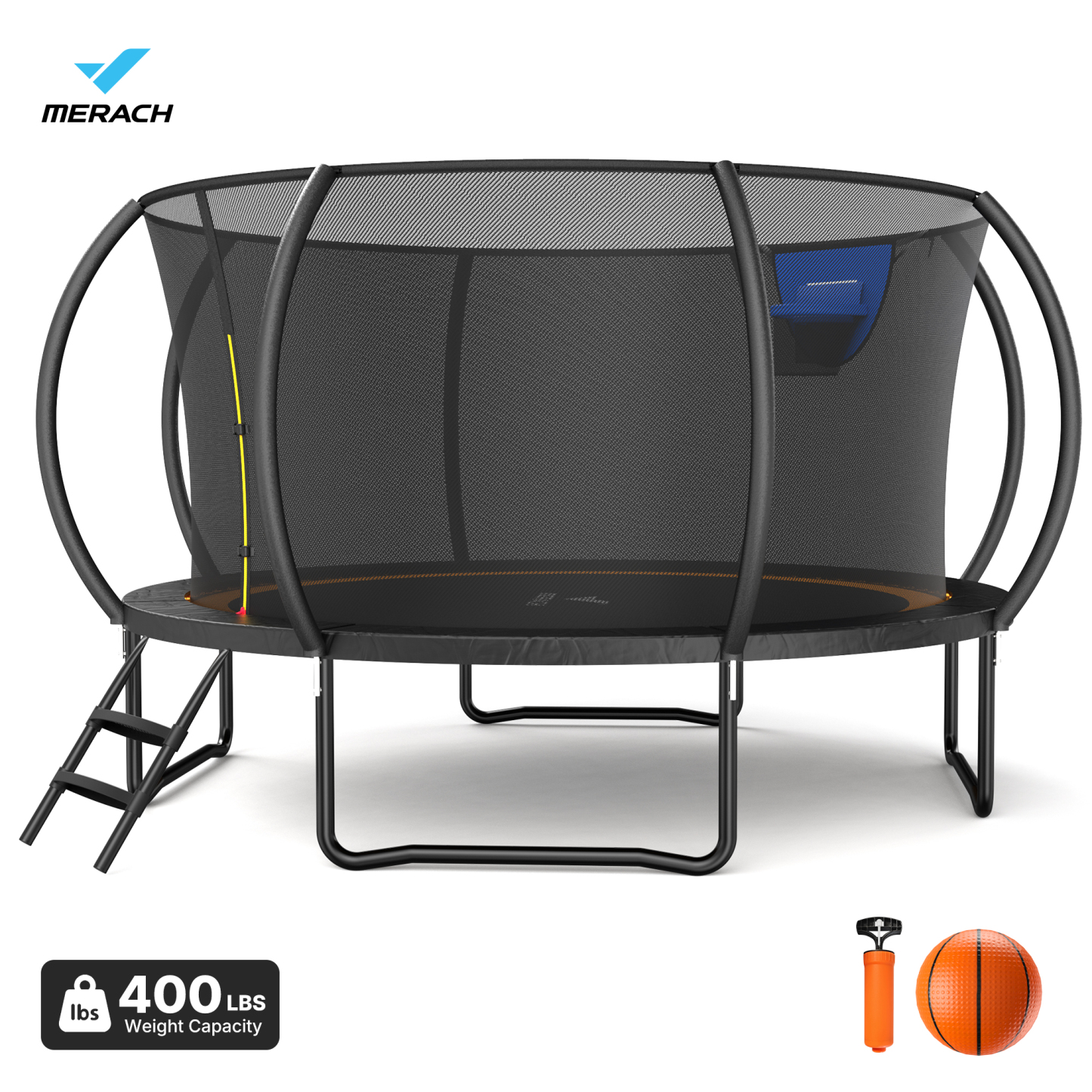 MERACH 10FT, 12FT, 14FT, 16FT Pumpkin Outdoor Trampoline with Safety Enclosure Net, Basketball Hoop & Ladder, Heavy Duty Backyard Trampoline for Kids & Adults