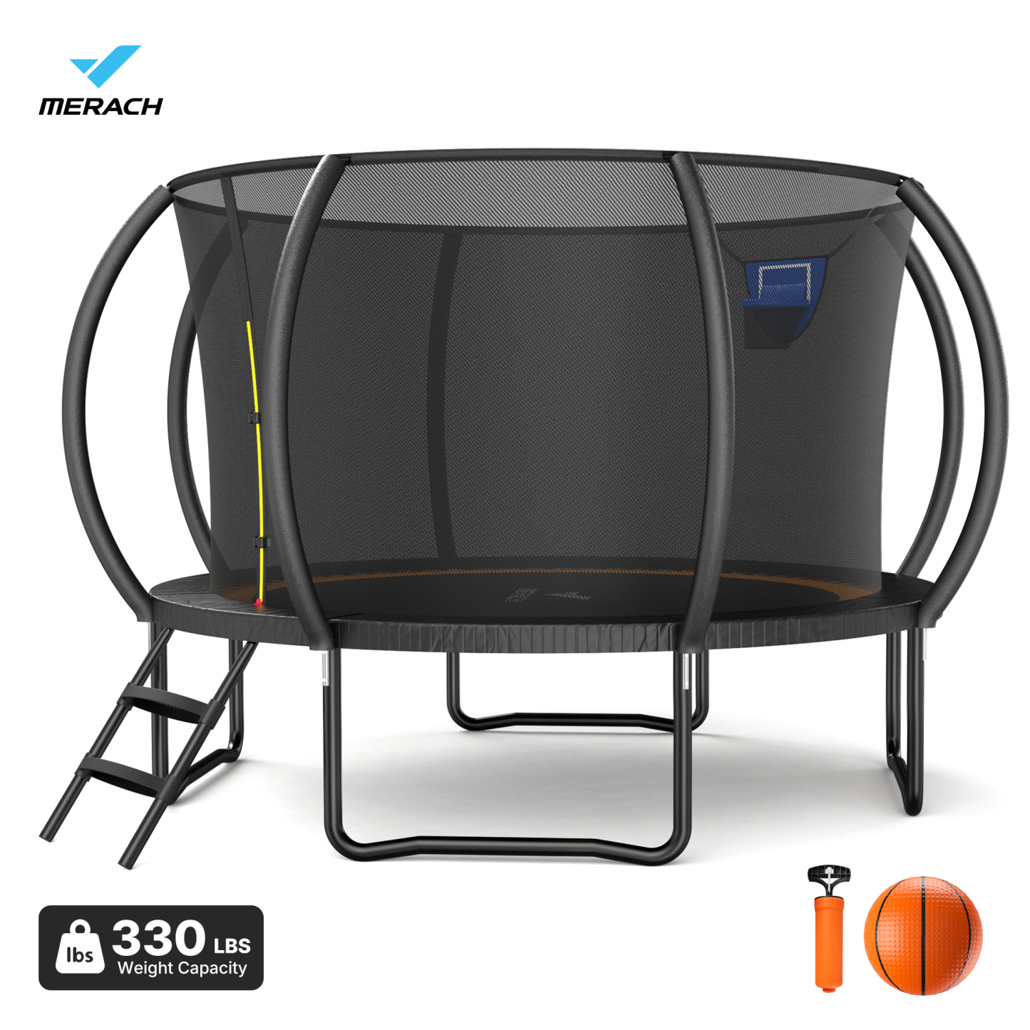 MERACH 10FT, 12FT, 14FT, 16FT Pumpkin Outdoor Trampoline with Safety Enclosure Net, Basketball Hoop & Ladder, Heavy Duty Backyard Trampoline for Kids & Adults