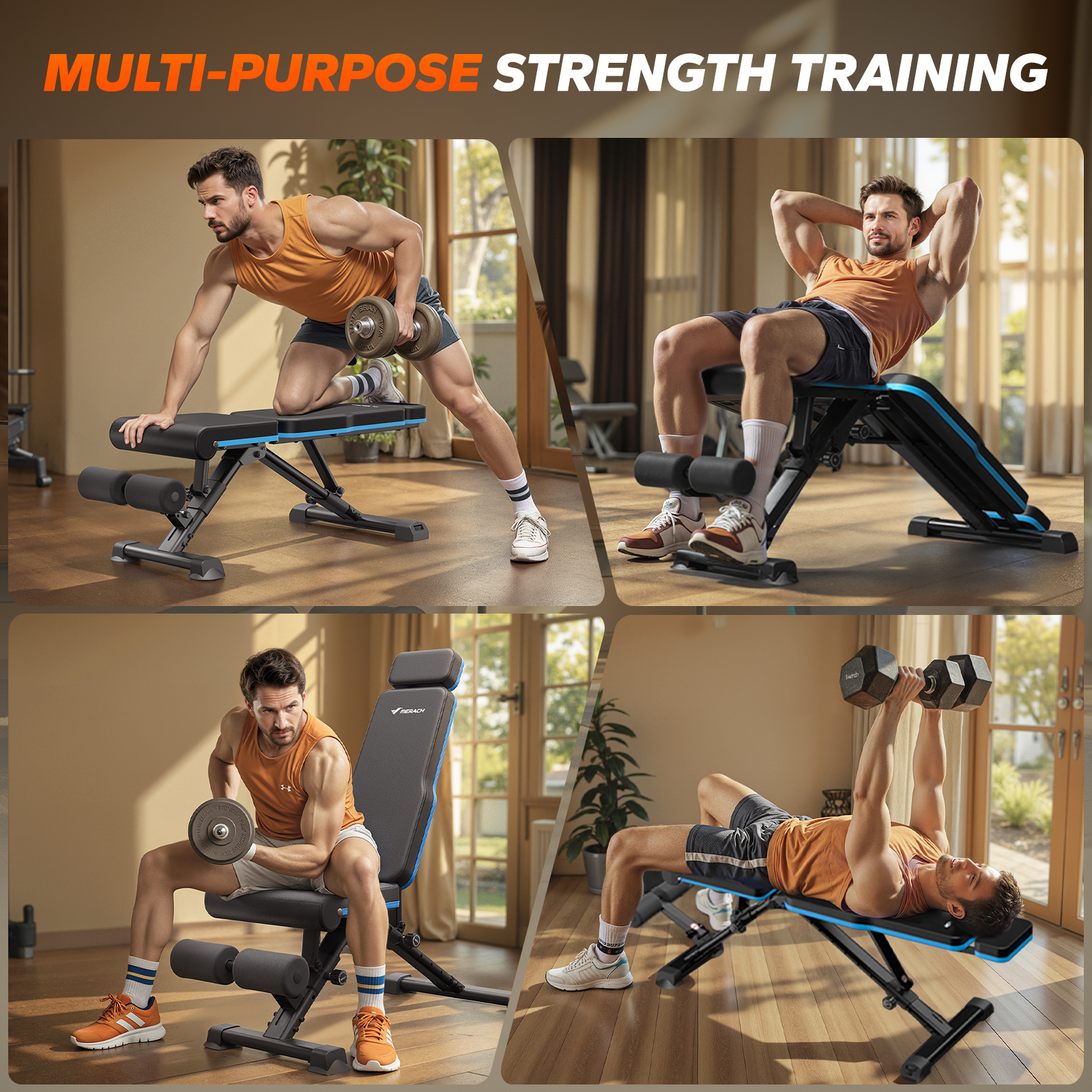 MERACH Adjustable Weight Bench with Extended Headrest, Hold up to 990 lbs, Foldable Exercise Bench for Home Gym Fitness Strength Training