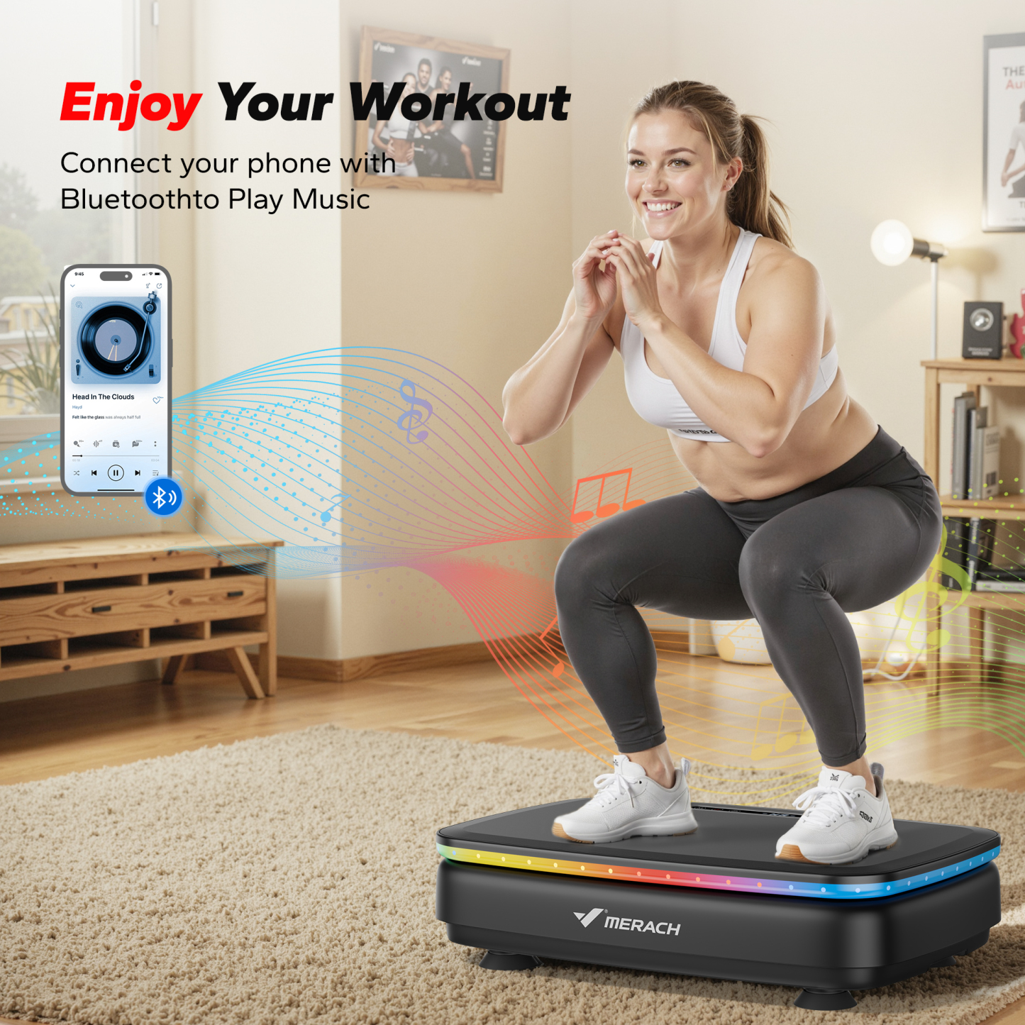 MERACH Vibration Plate Exercise Machine with Light, Bluetooth, Whole Body Workout Power Vibrate Fitness Platform Vibration Plate for Lymphatic Drainage,Motor Speed Control