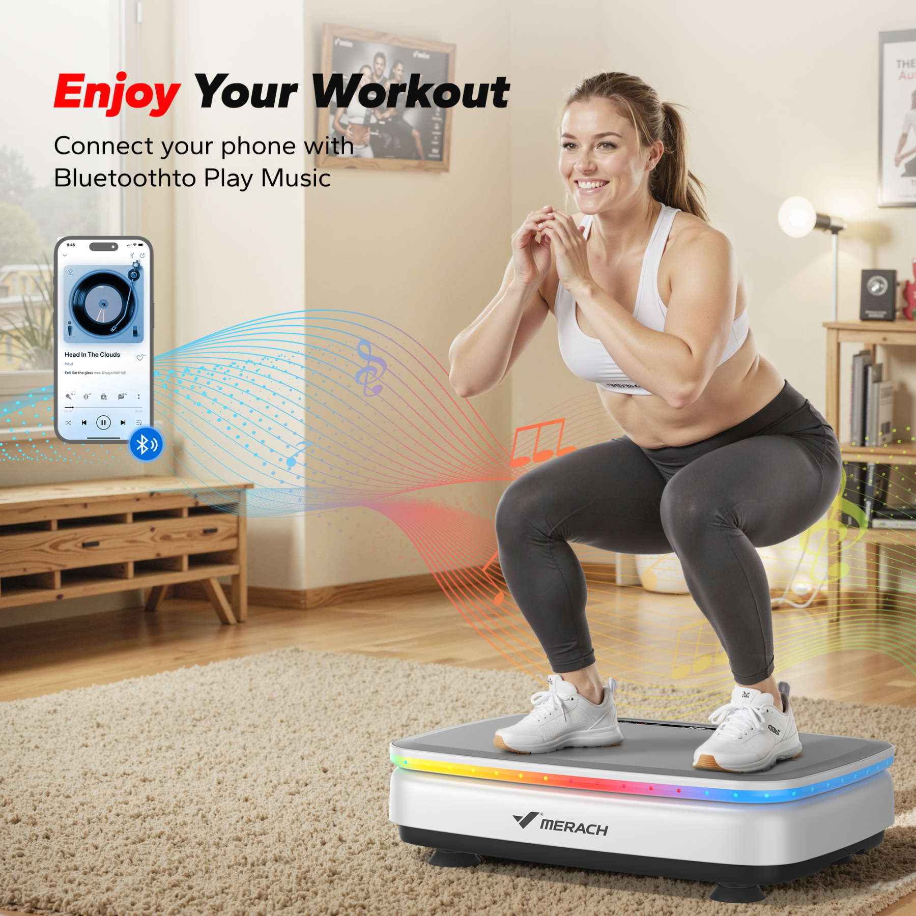 MERACH Vibration Plate Exercise Machine with Light, Bluetooth, Whole Body Workout Power Vibrate Fitness Platform Vibration Plate for Lymphatic Drainage,Motor Speed Control