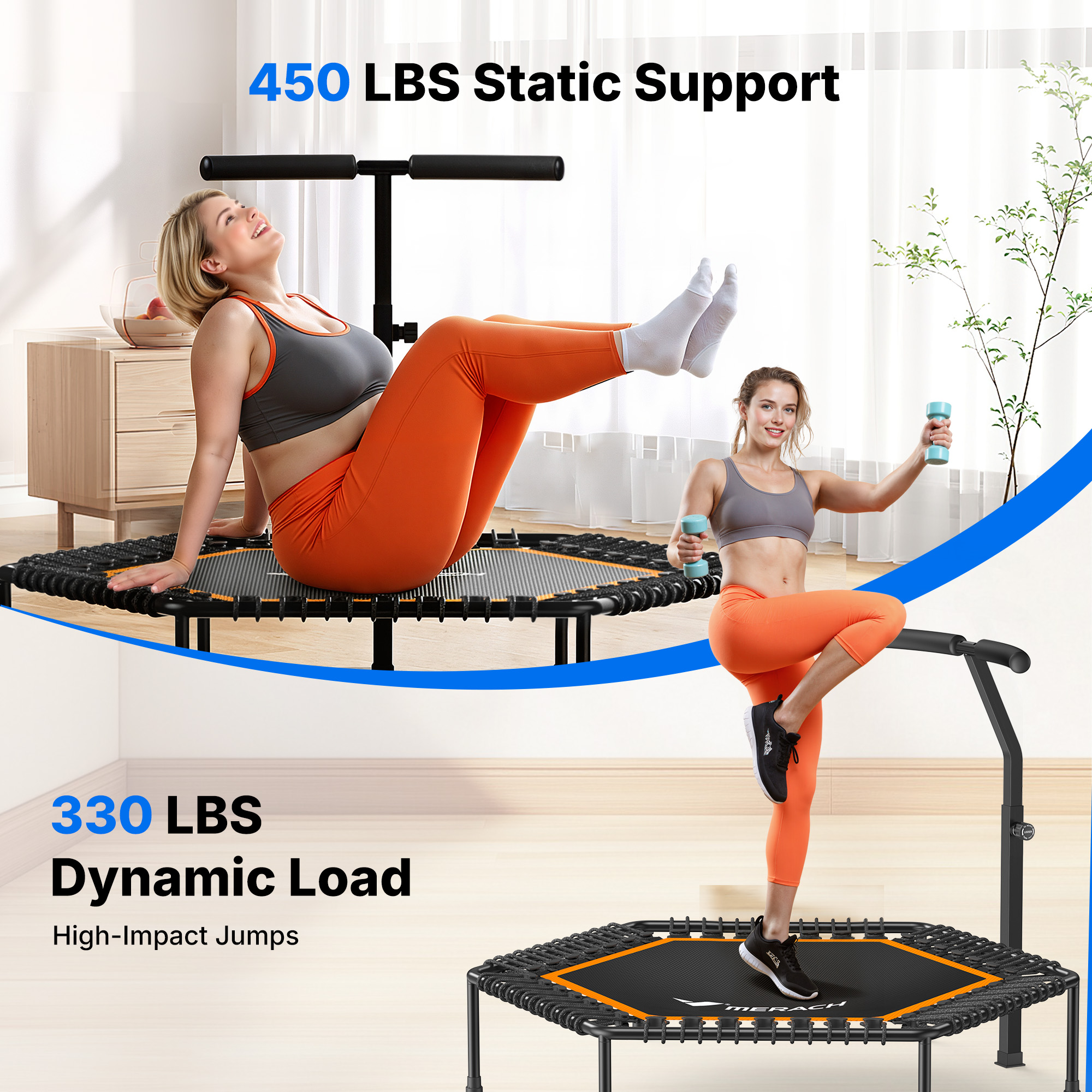 MERACH 50" Mini Trampoline, 450 lbs, Quiet Bungee Exercise Rebounder Trampoline for Adults & Kids