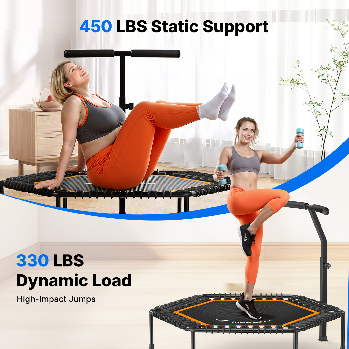 MERACH 50" Mini Trampoline, 450 lbs, Quiet Bungee Exercise Rebounder Trampoline for Adults & Kids