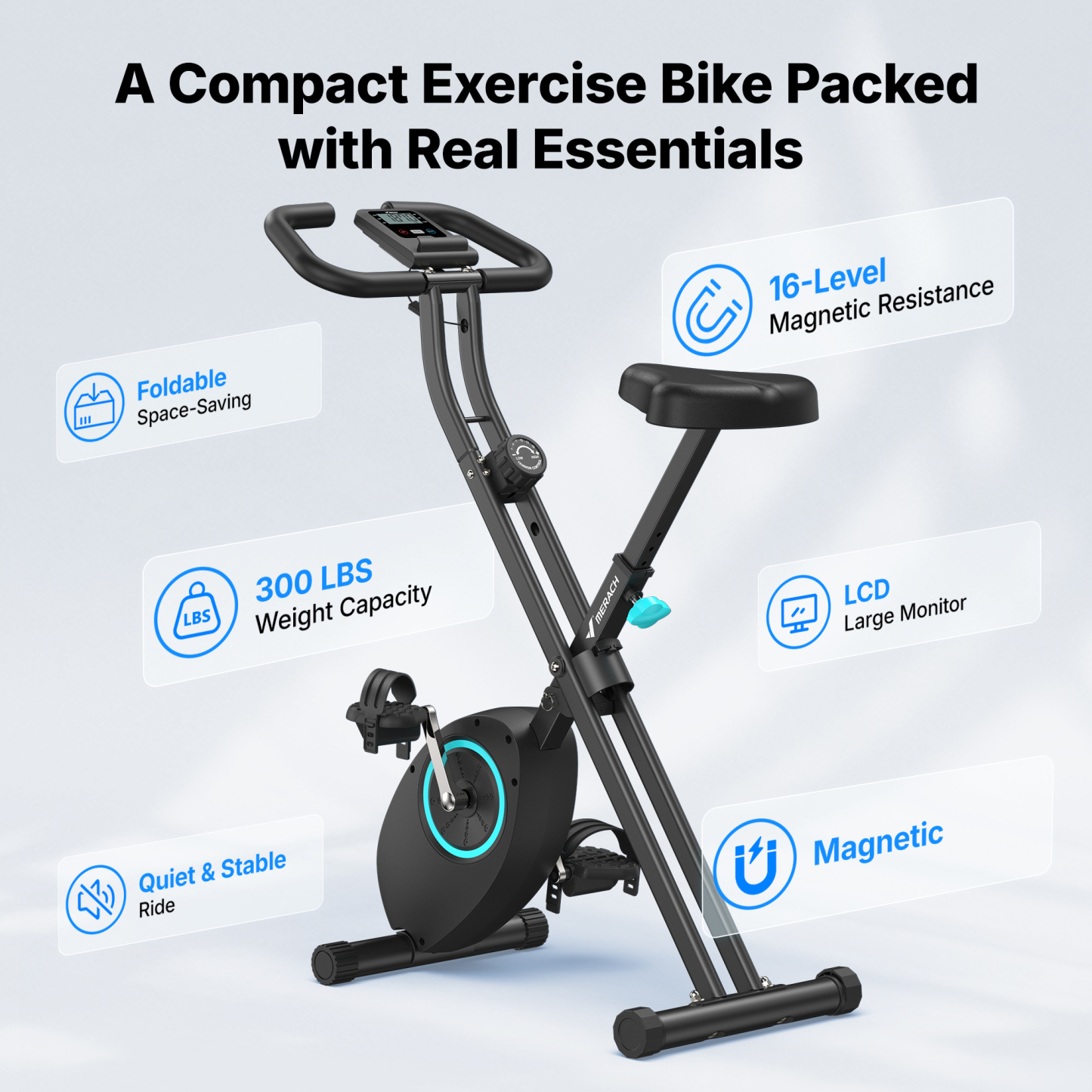 MERACH Folding Exercise Bike, Exercise Bike with LCD Display, Magnetic Fitness Bike for Home with Comfortable Seat, Space Saving, Cardio Training, Maximum Capacity 300 lbs