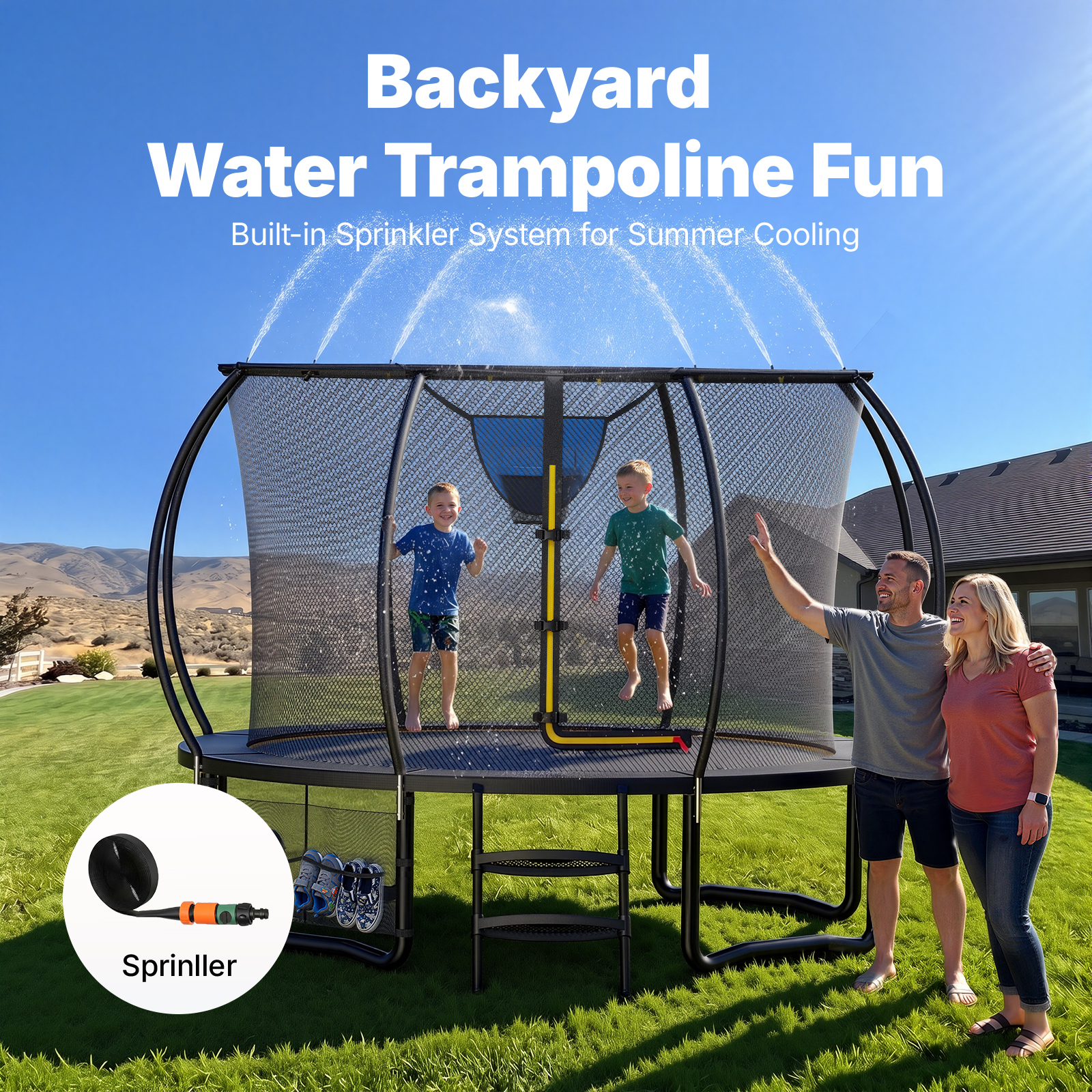 MERACH 10FT Trampoline with Enclosure, Basketball Hoop, Sprinkler & LED Lights, Backyard Recreational Pumpkin Trampoline for Kids & Adults