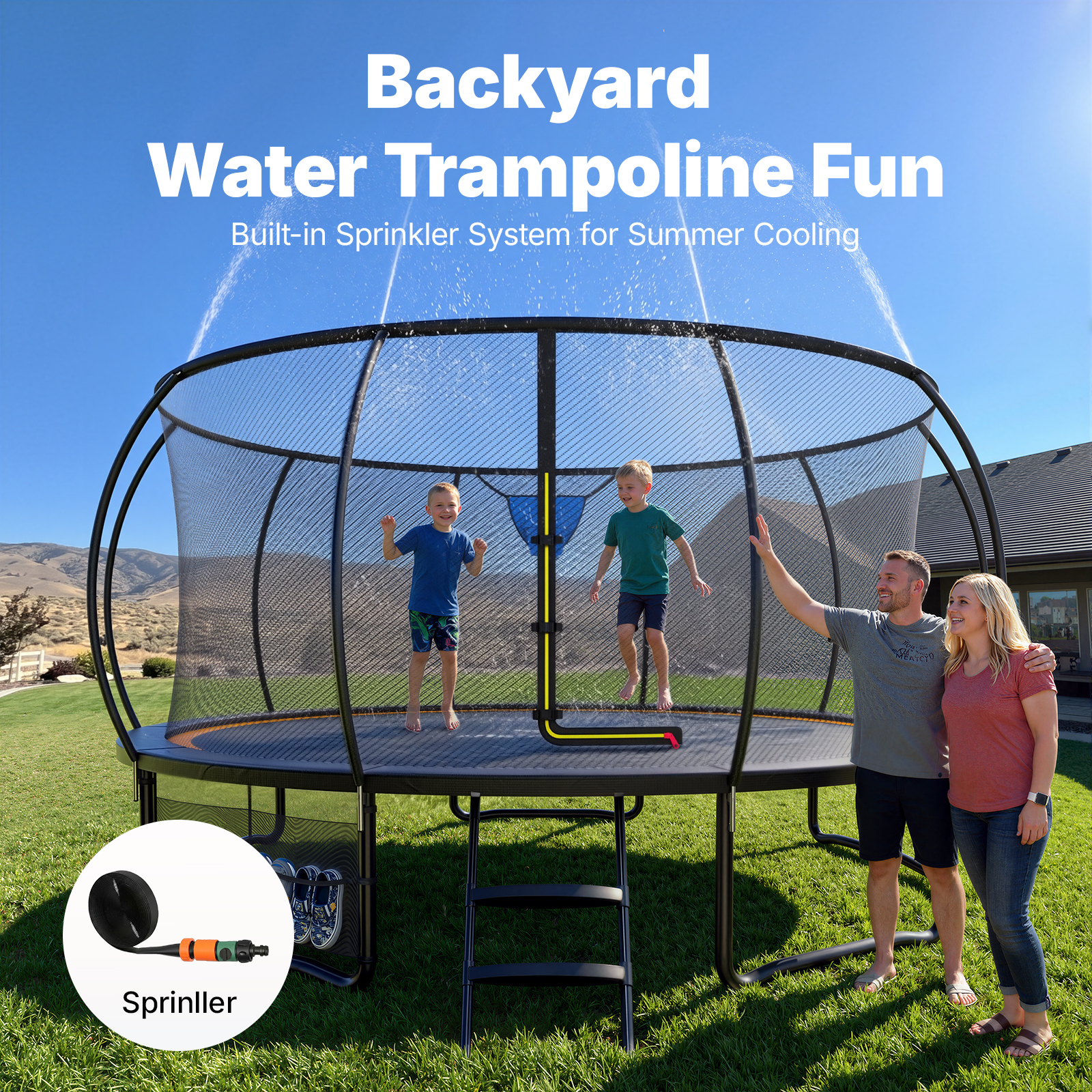 MERACH 16FT Trampoline with Enclosure, Basketball Hoop, Sprinkler & LED Lights, Backyard Recreational Pumpkin Trampoline for Kids & Adults