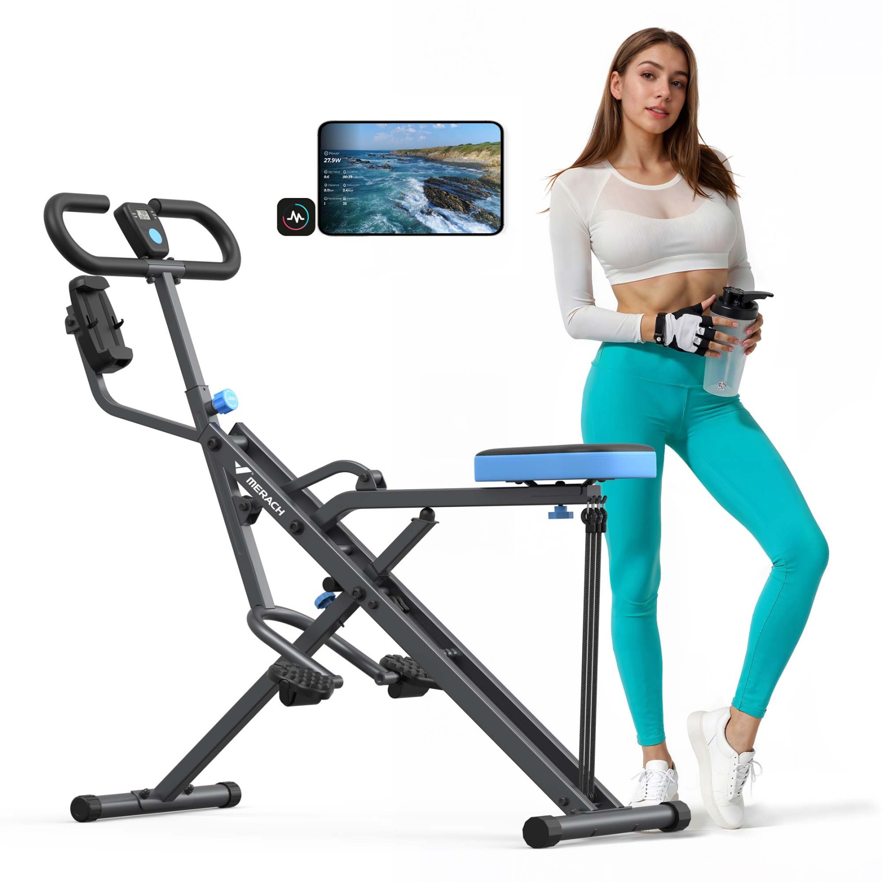 MERACH Squat Machine, Foldable Exercise Equipment with 4-Level Resistance & Device Holder, Home Gym Machine for Arm, Glute & Leg Workout