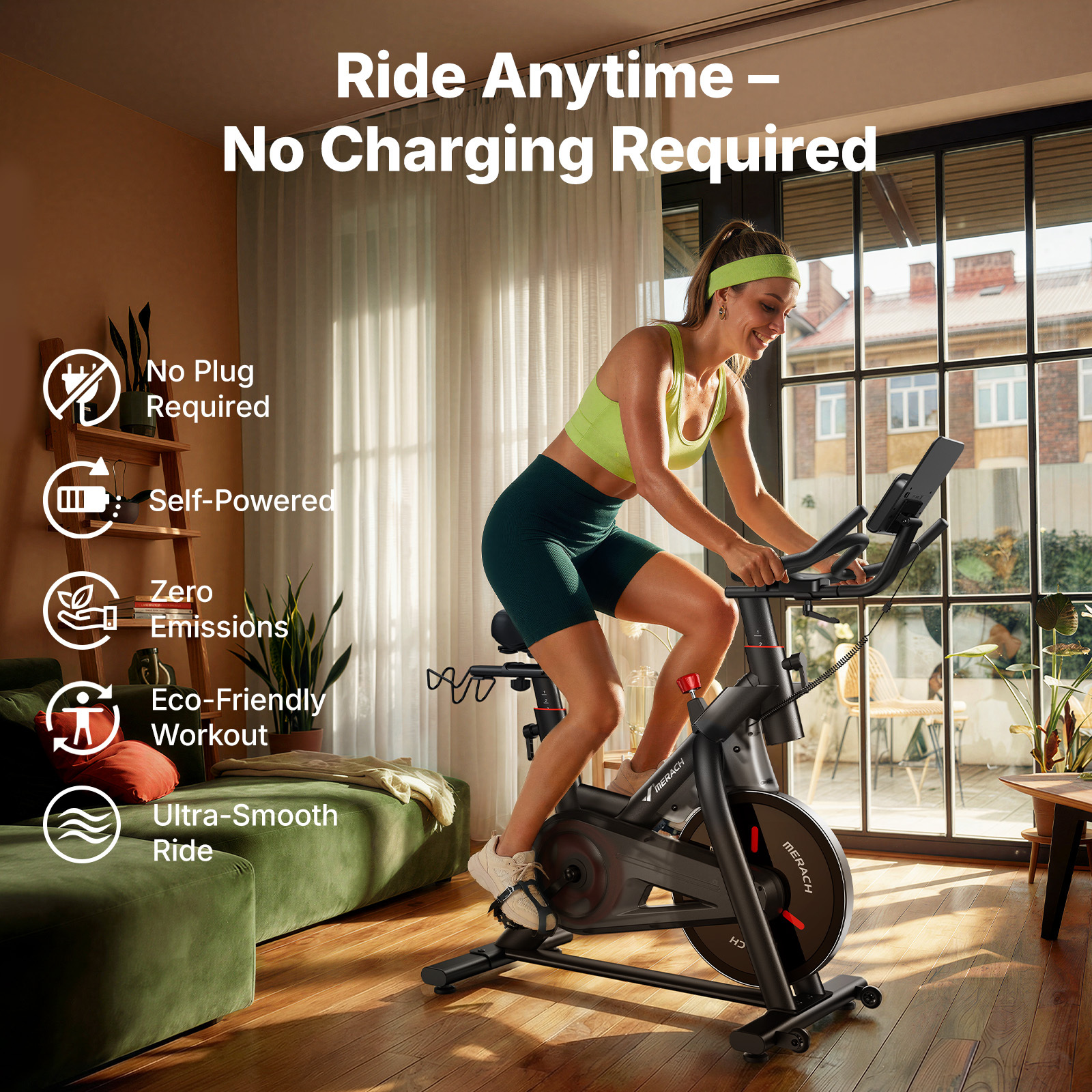 MERACH Exercise Bike with Self-Generating Power, 16-Level Electric Magnetic Resistance, 40LBS Flywheel, Bluetooth App Control, 350LBS Capacity Indoor Cycling Bike with Adjustable Seat & Handlebars