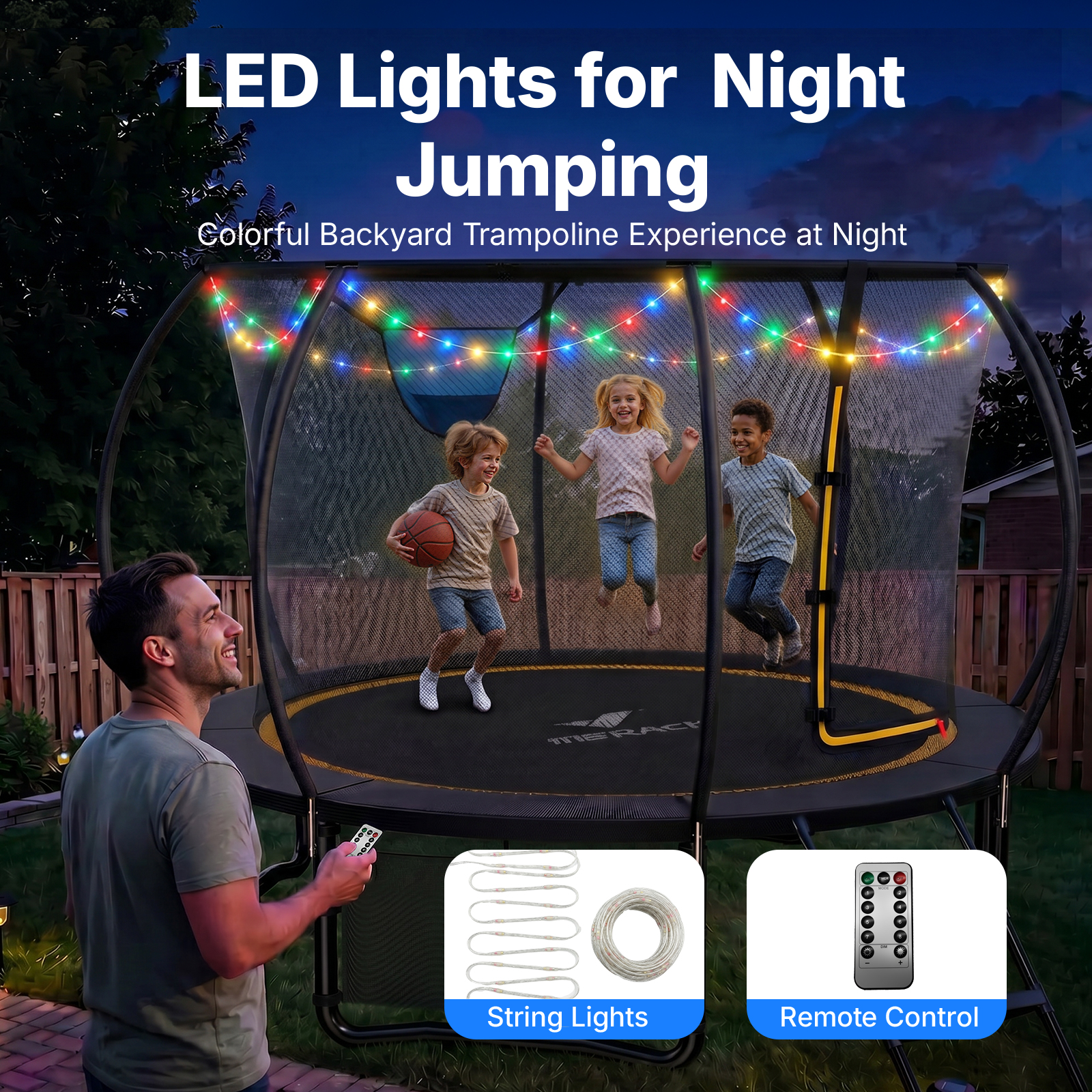 MERACH 14FT Trampoline with Enclosure, Basketball Hoop, Sprinkler & LED Lights, Backyard Recreational Pumpkin Trampoline for Kids & Adults
