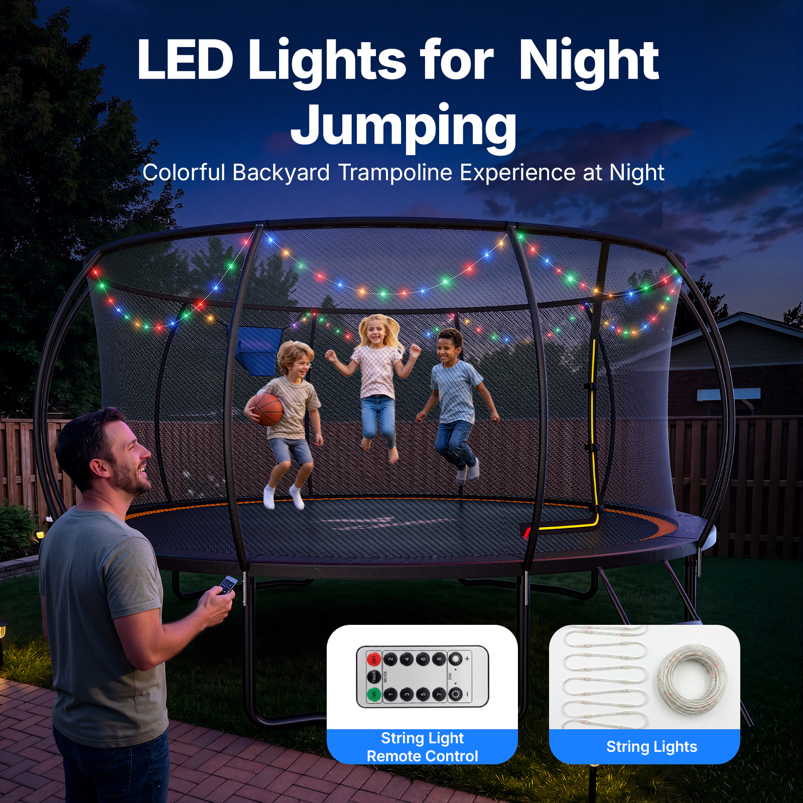 MERACH 16FT Trampoline with Enclosure, Basketball Hoop, Sprinkler & LED Lights, Backyard Recreational Pumpkin Trampoline for Kids & Adults