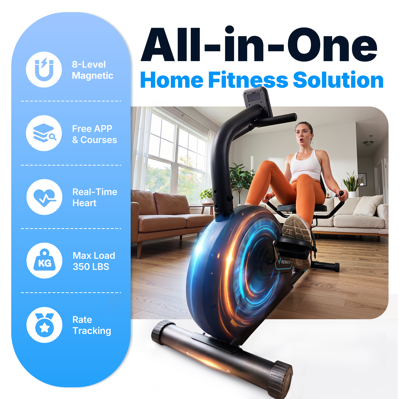 MERACH Recumbent Exercise Bikes for Home, Smart Bluetooth Recumbent Bike with APP & LCD Monitor, 8-Level Magnetic Resistance, Heart Rate Handle, Comfortable Stationary Bike for Seniors & Adults