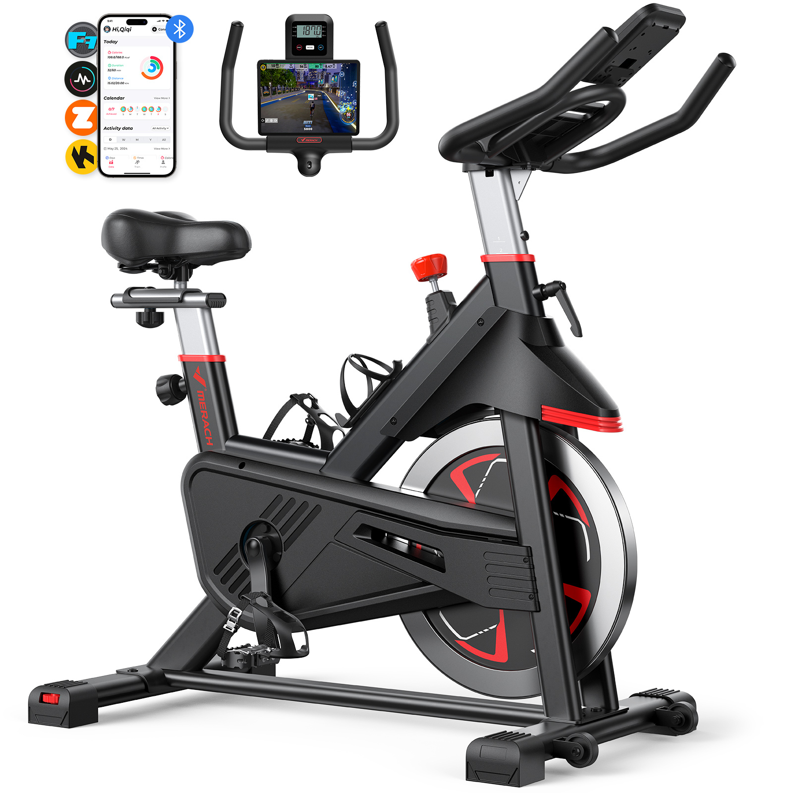 MERACH Indoor Cycling Bike Stationary Exercise Bike 100 Resistance with LED Monitor Free APP Silent Belt Drive and Comfortable Seat Cushion for Cardio Workout