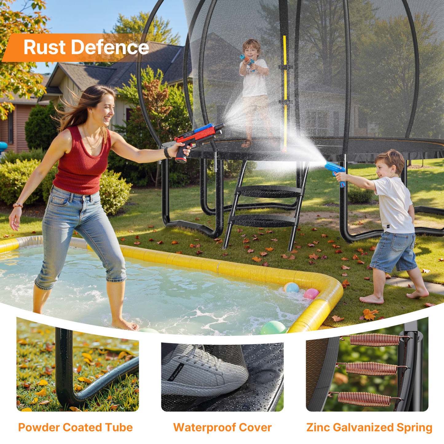 MERACH 14FT Trampoline for Kids with Enclosure Net, Outdoor Pumpkin Trampoline with Basketball Hoop & Ladder