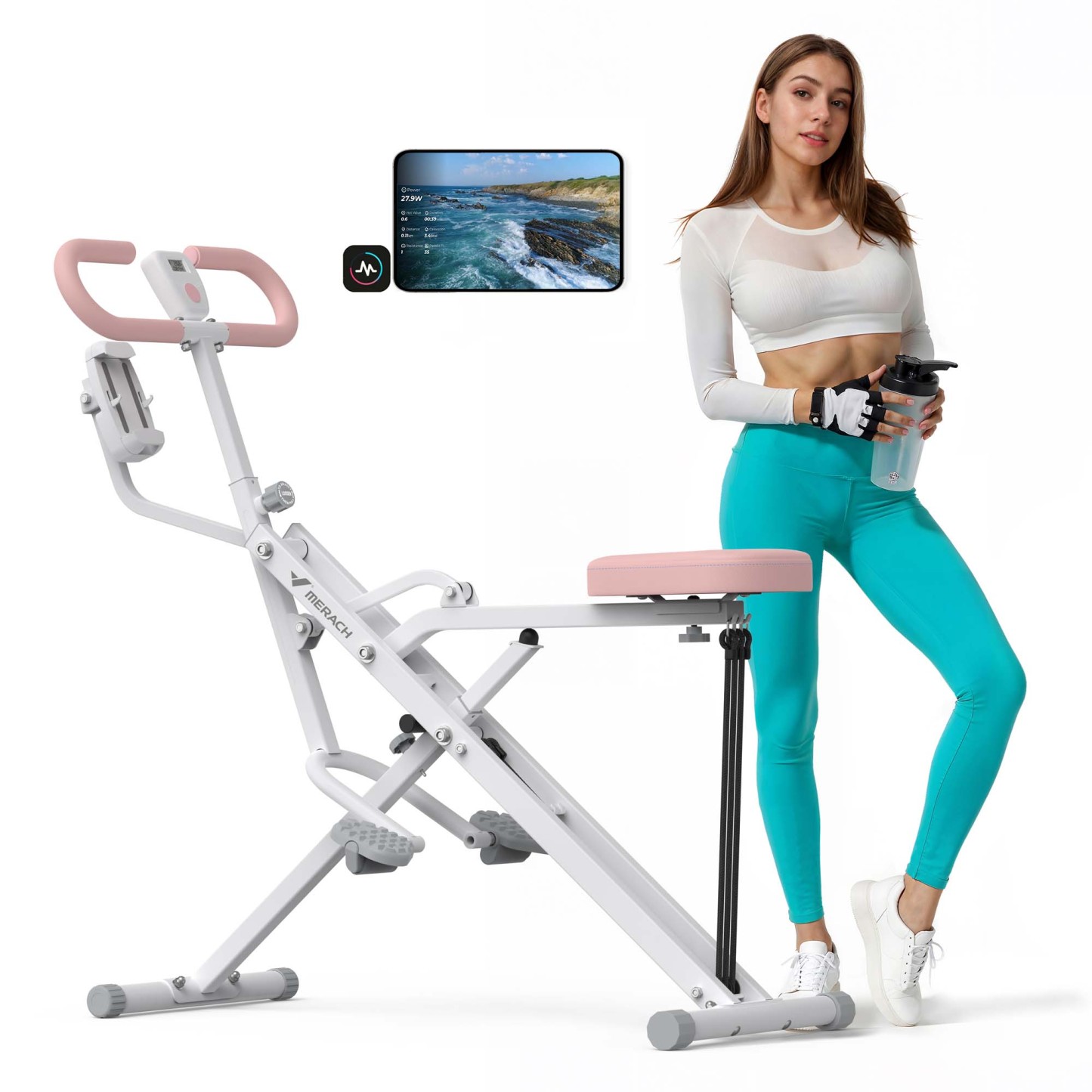 MERACH Squat Machine with 4-Level Resistance, Adjustable Home Gym Upright Rower for Glutes, Legs & Full Body Workout, Includes Device Holder