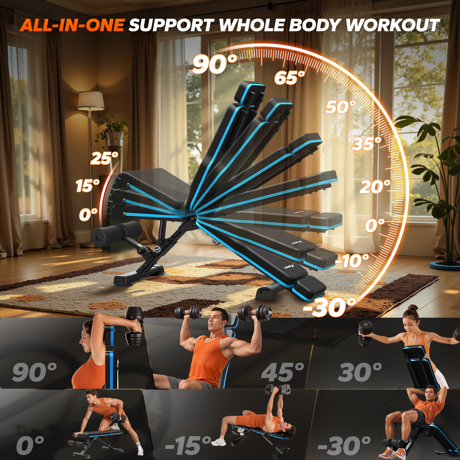 MERACH Adjustable Weight Bench with Extended Headrest, Hold up to 990 lbs, Foldable Exercise Bench for Home Gym Fitness Strength Training