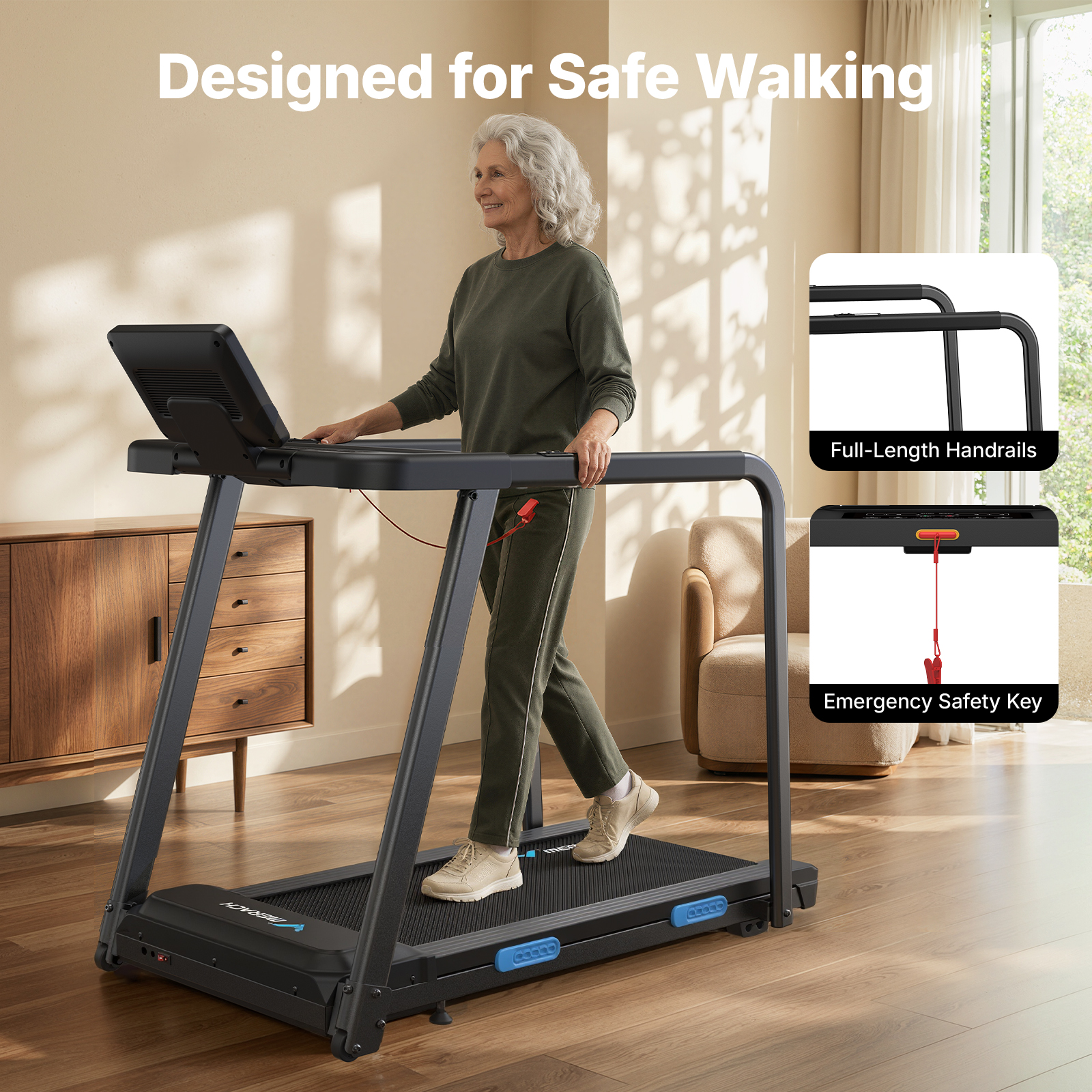 MERACH Treadmill for Seniors with Handrails, 2 in 1 Walking Treadmill for Fitness Recovery, 300 lbs Capacity