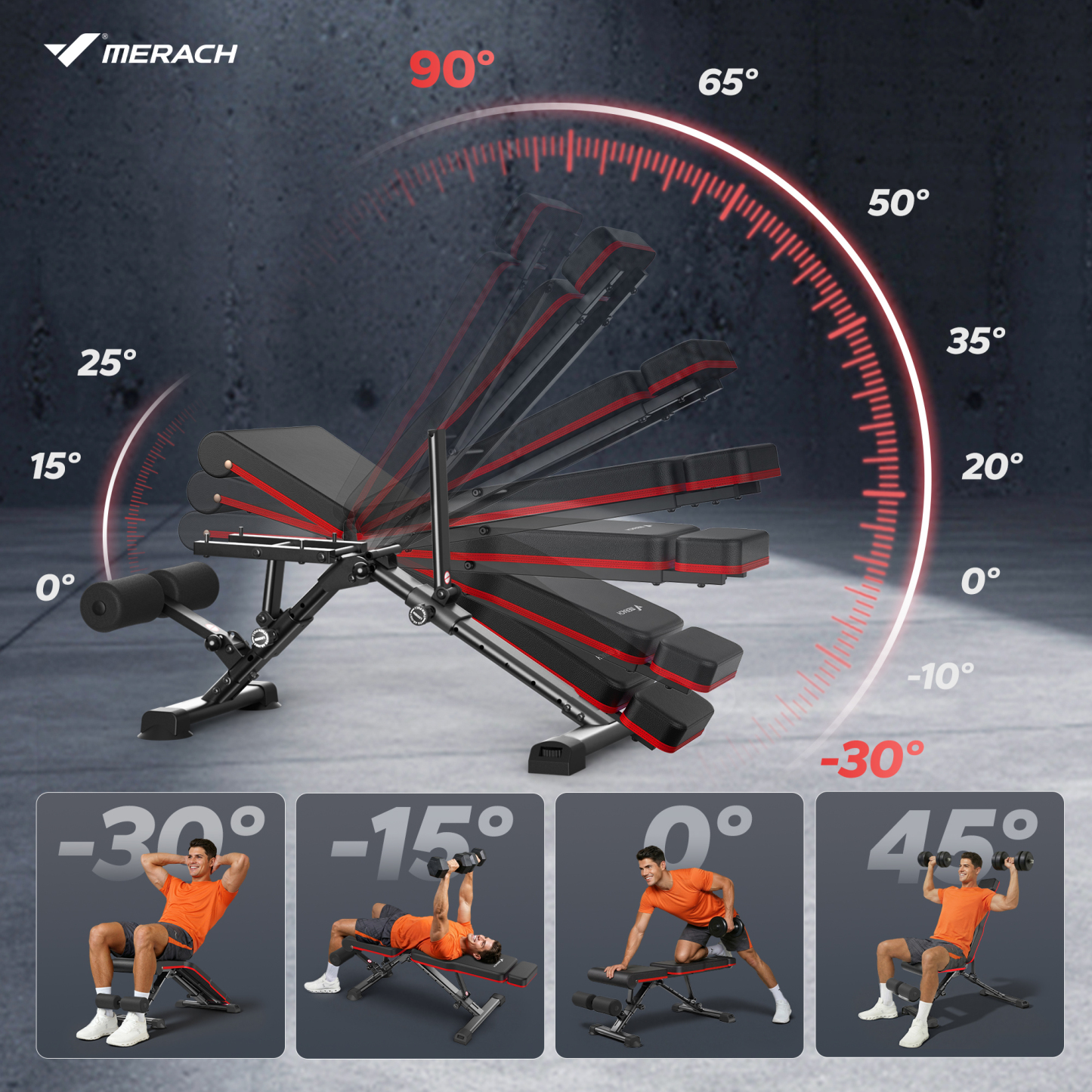 MERACH Adjustable Weight Bench with Extended Headrest, Hold up to 990 lbs, Foldable Exercise Bench for Home Gym Fitness Strength Training, Black&Red