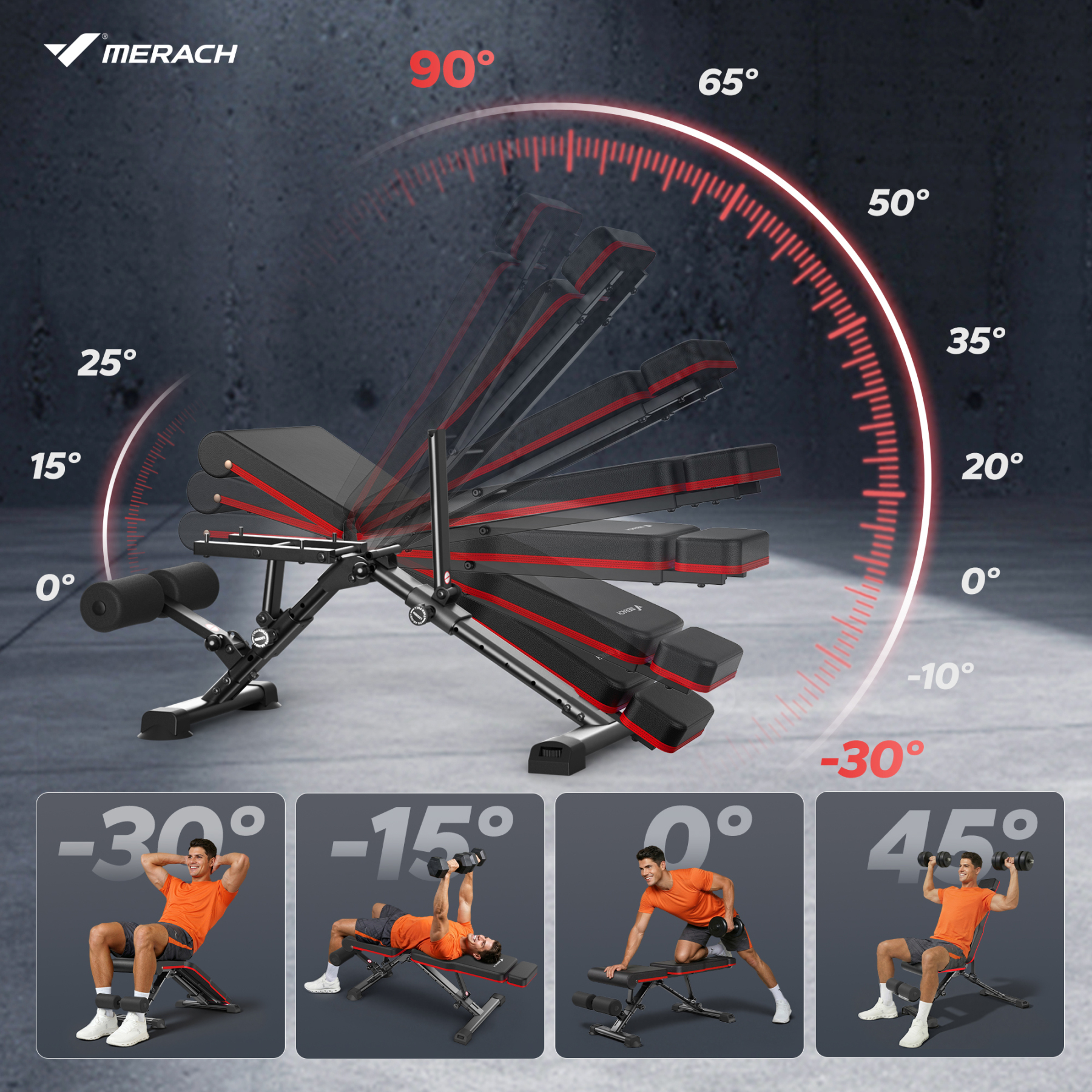 MERACH Adjustable Weight Bench with Extended Headrest, Hold up to 990 lbs, Foldable Exercise Bench for Home Gym Fitness Strength Training, Black&Red