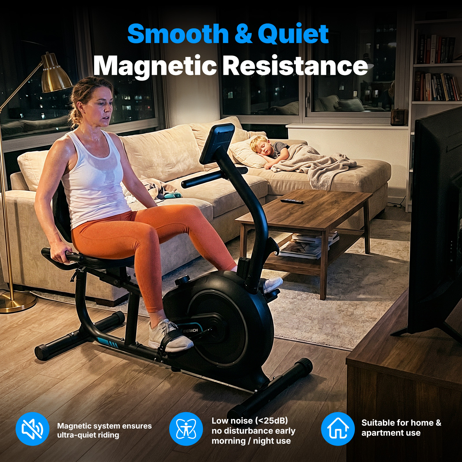 MERACH Recumbent Exercise Bikes for Home, Smart Bluetooth Recumbent Bike with APP & LCD Monitor, 8-Level Magnetic Resistance, Heart Rate Handle, Comfortable Stationary Bike for Seniors & Adults